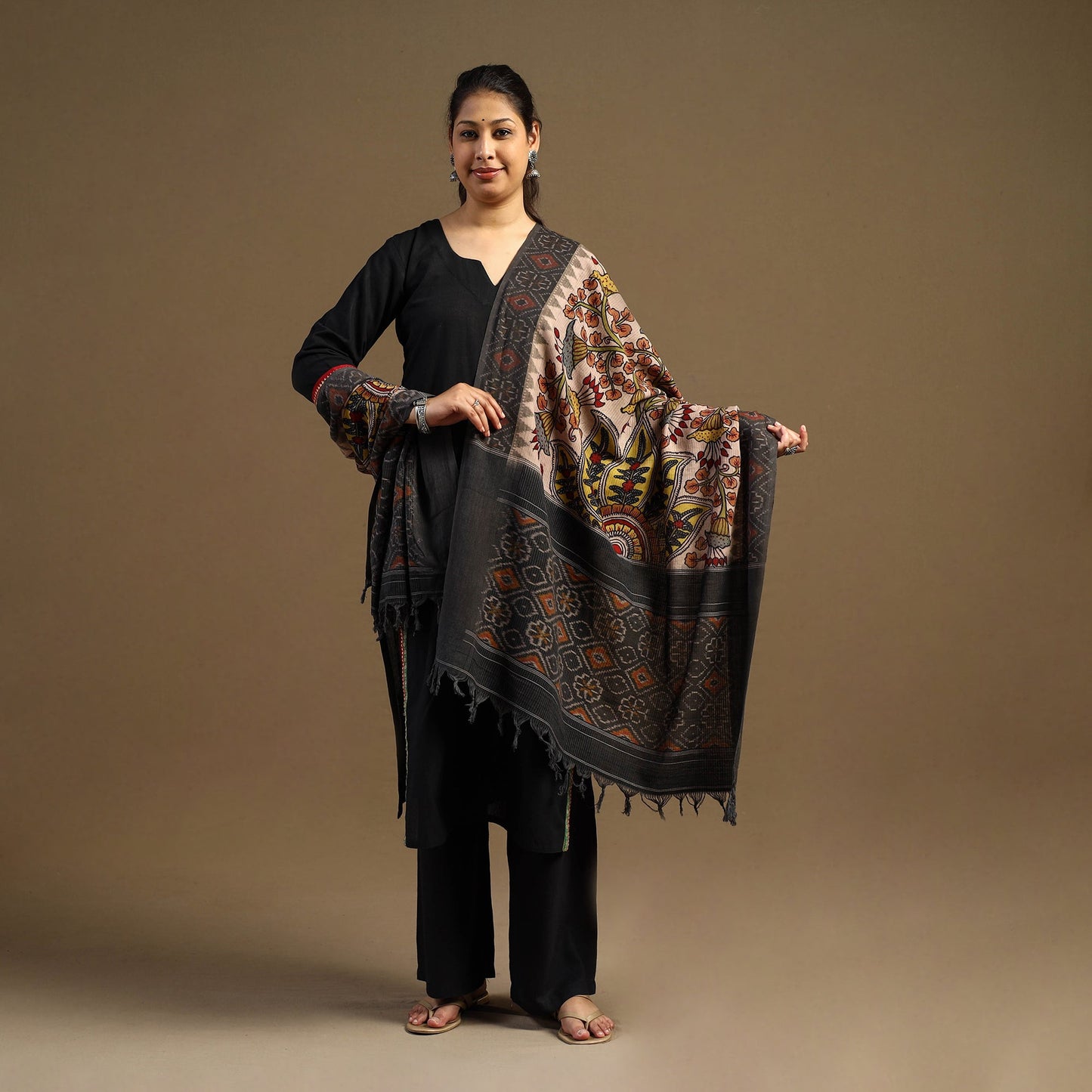 Beige - pen work cotton ikat border handpainted kalamkari