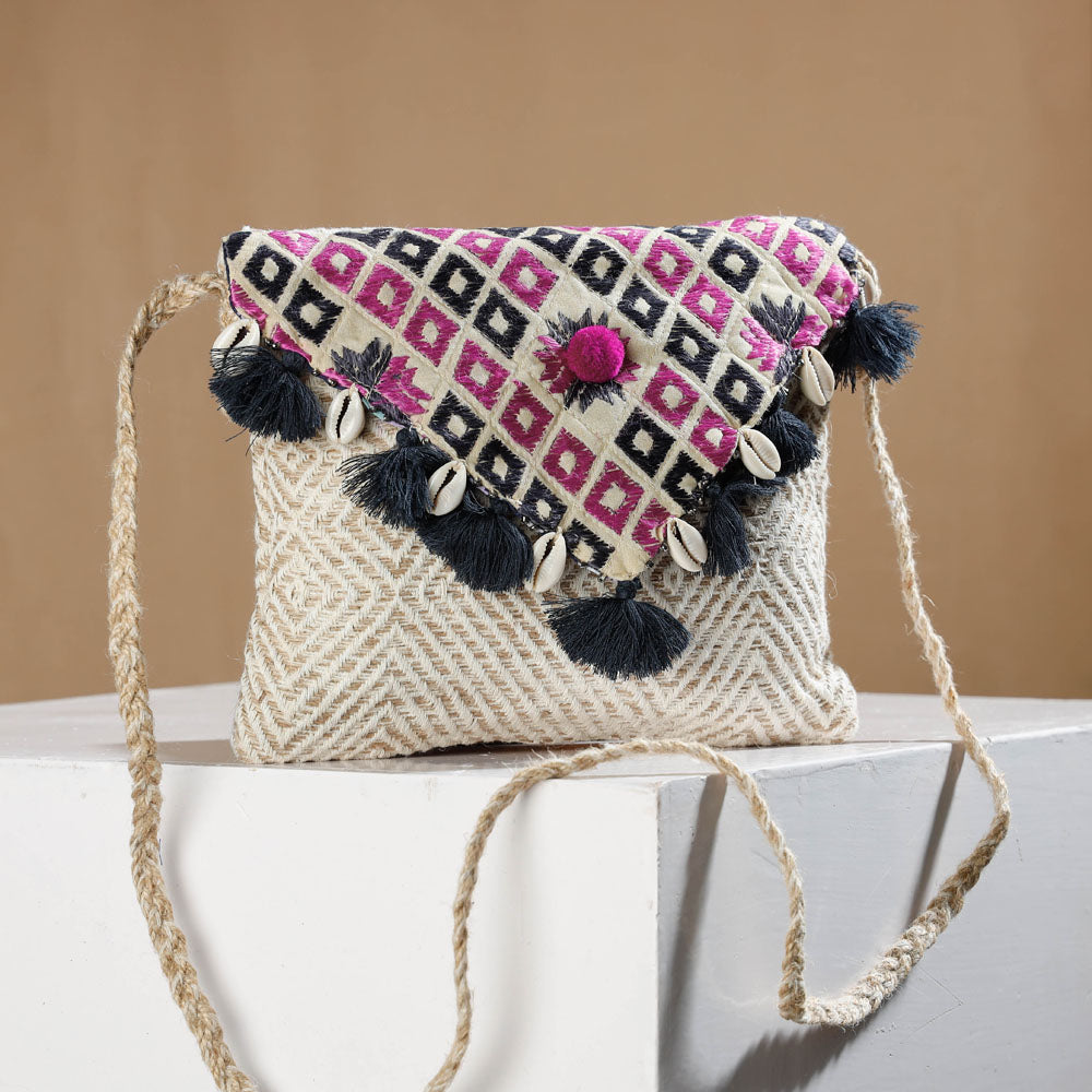 Beige Phulkari Hand Embroidered Jute Sling Bag