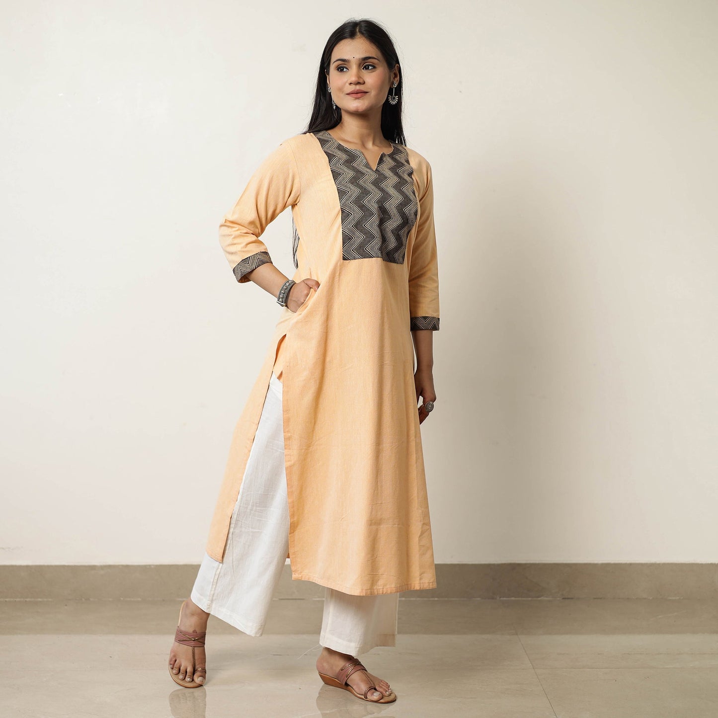 Plain Jhiri Handloom Cotton Long Straight Kurta 34
