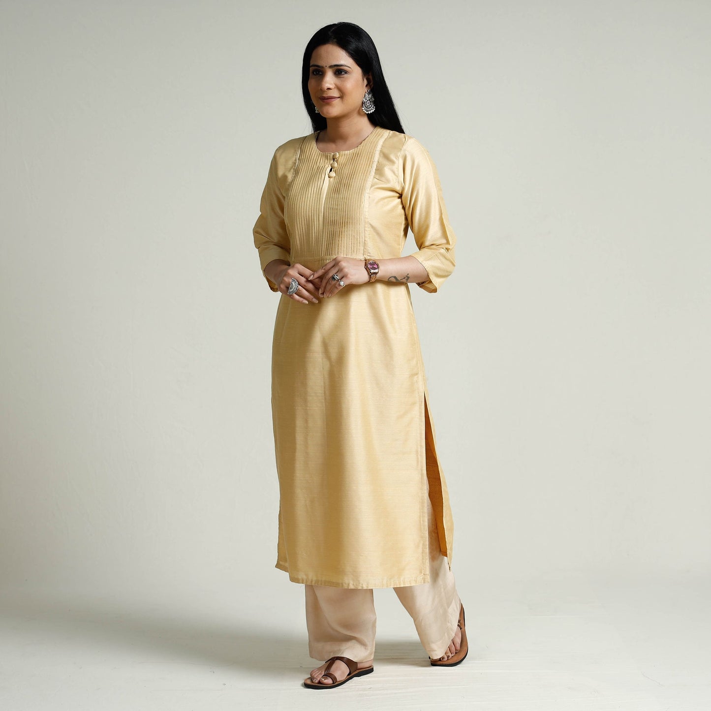 Plain Silk Pintuck Long Straight Kurta