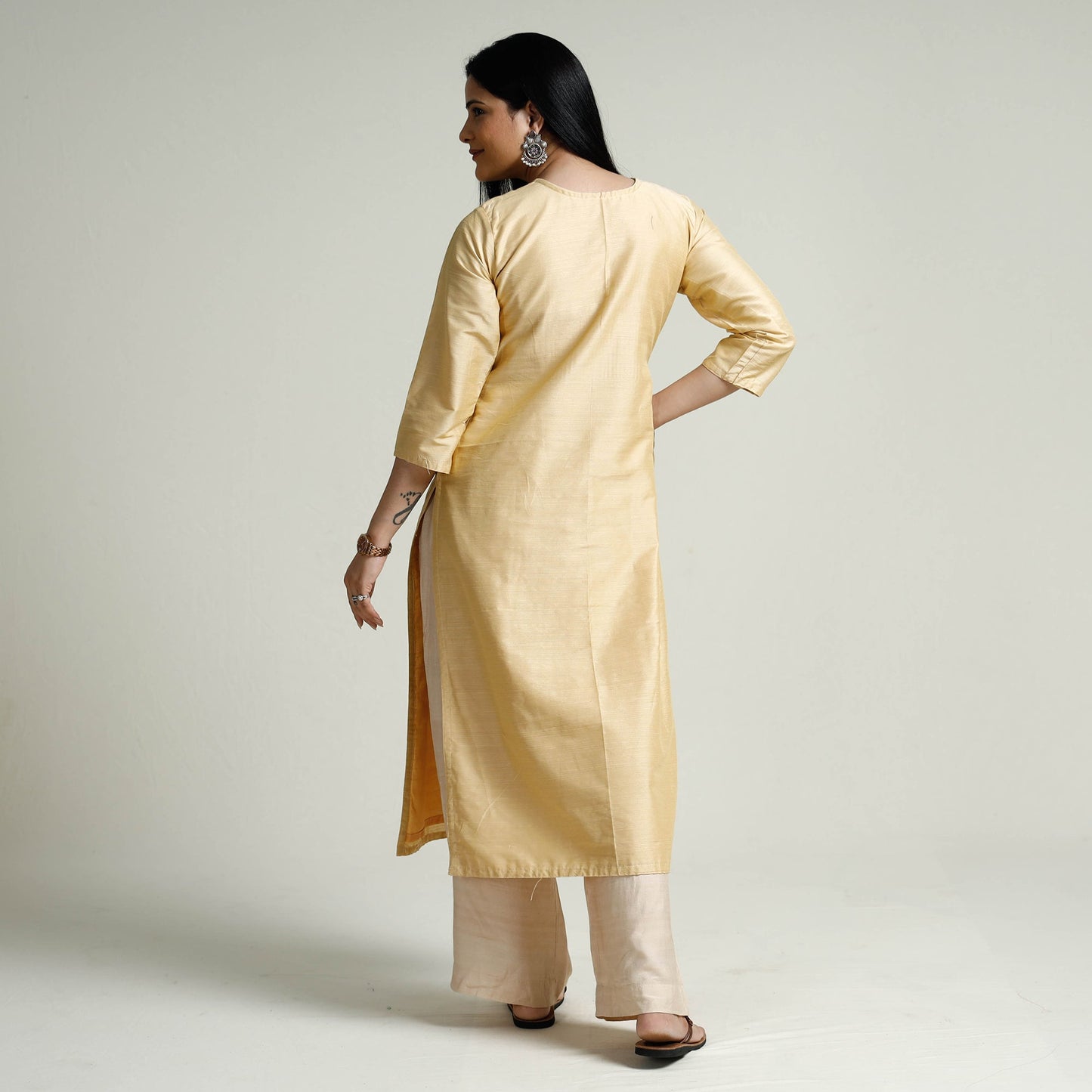 Plain Silk Pintuck Long Straight Kurta