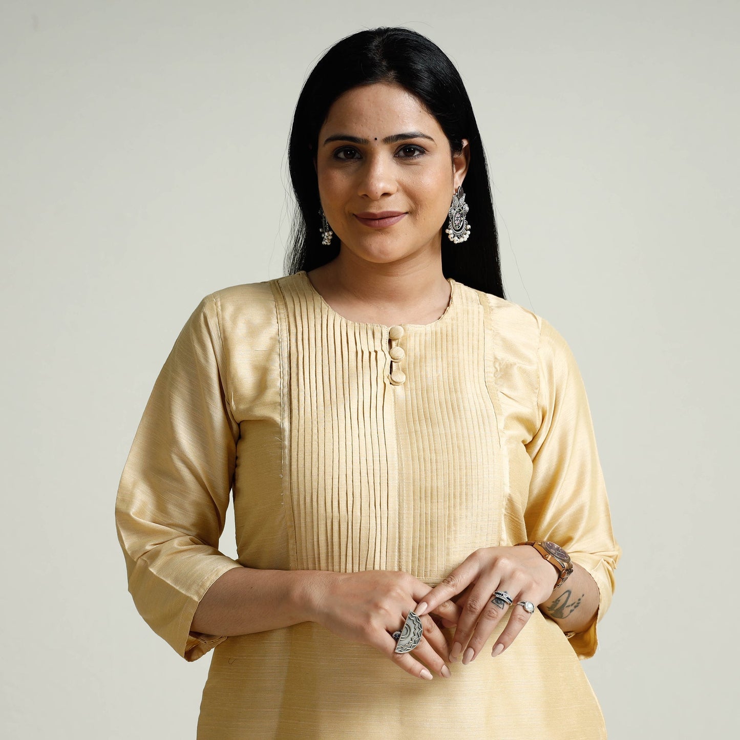 Plain Silk Pintuck Long Straight Kurta