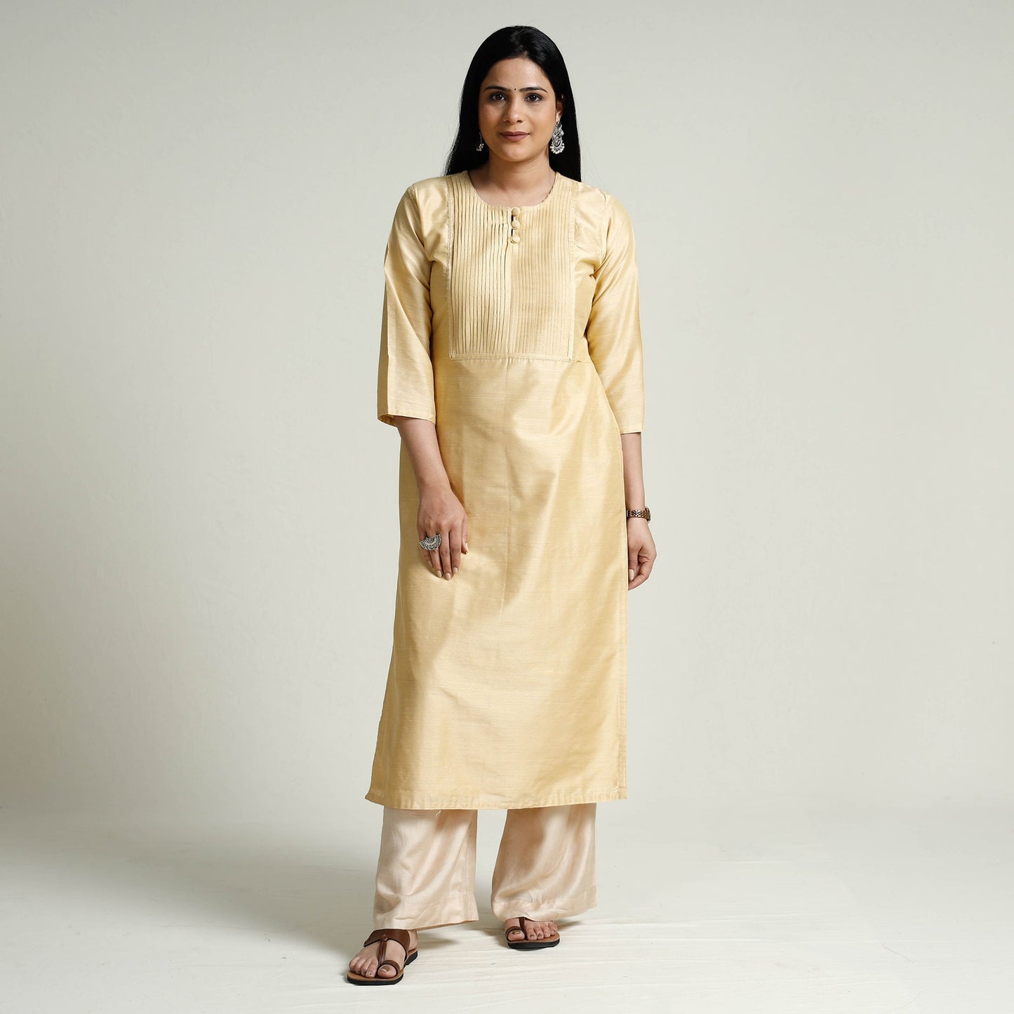 Plain Silk Pintuck Long Straight Kurta