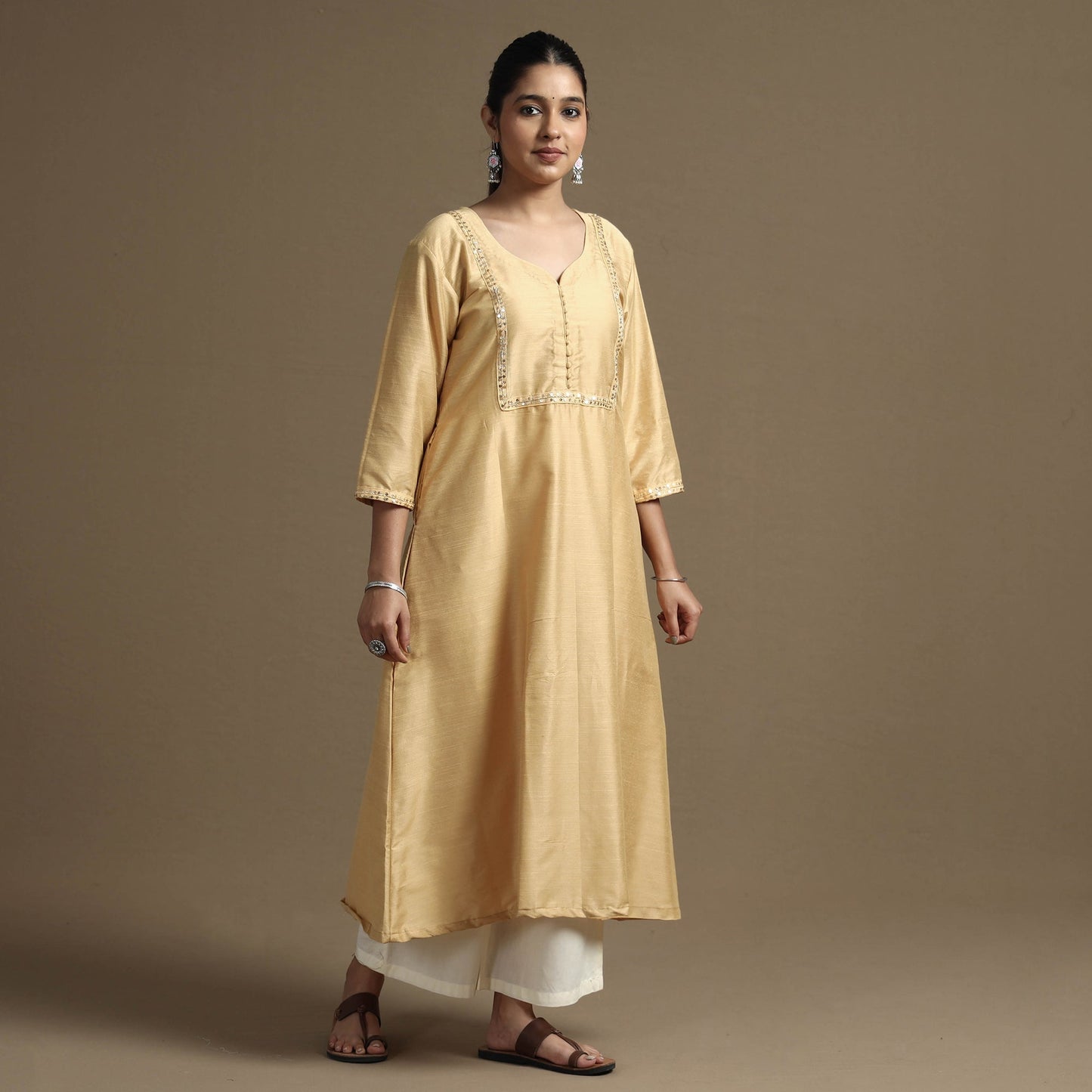 Beige - Plain Solid Slub Silk A-Line Kurta with Beadwork Hand Embroidery Lace