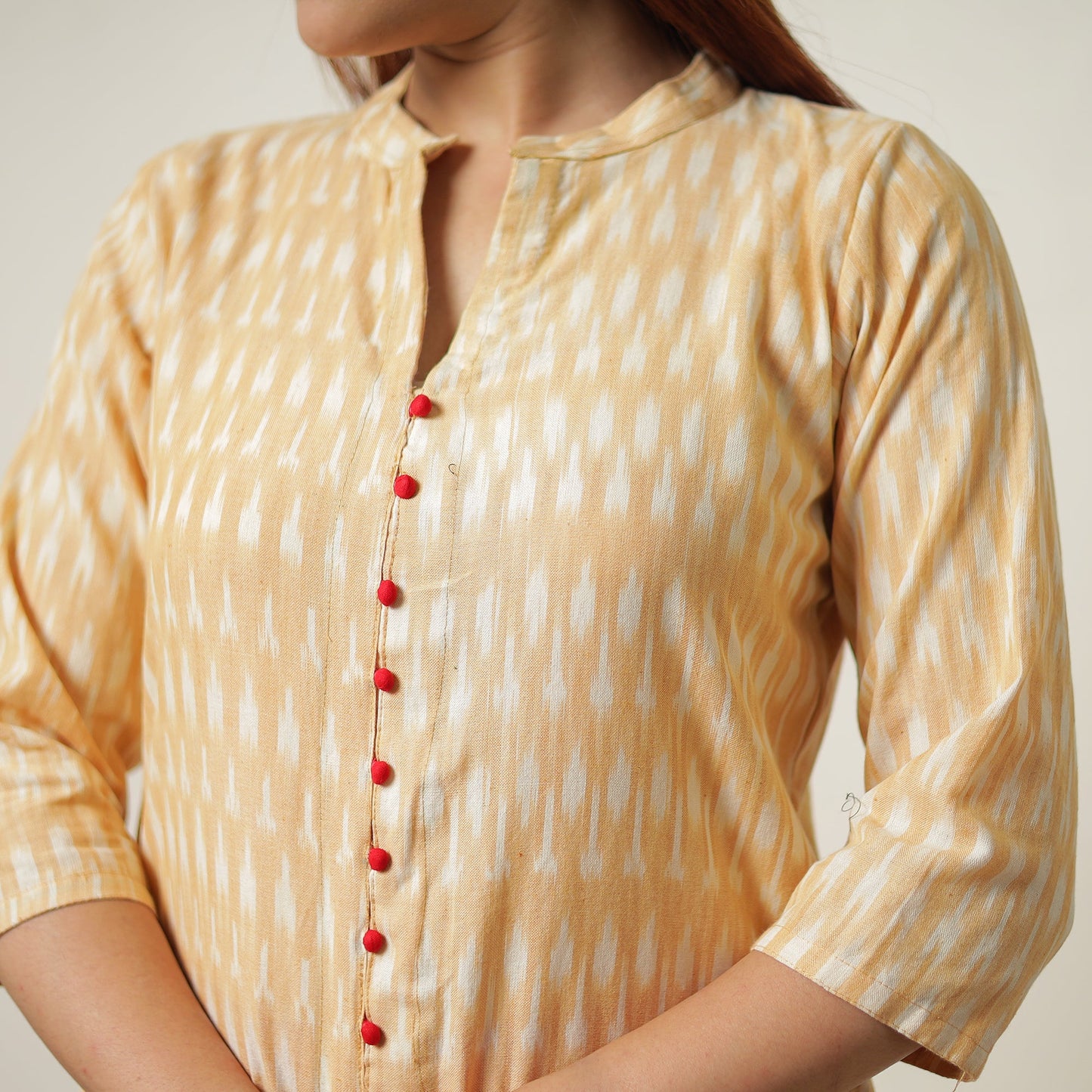 Beige Pochampally Ikat Weave Cotton Kurta with Palazzo & Dupatta Set