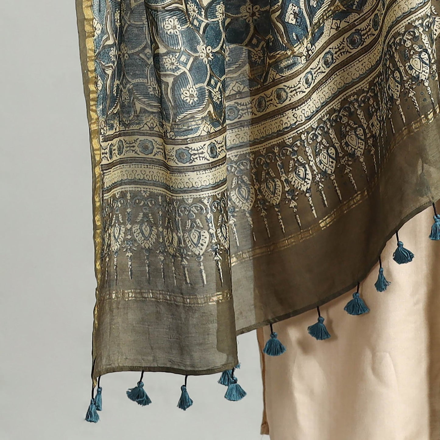 Block Printed Chanderi Silk Handloom Ajrakh Dupatta