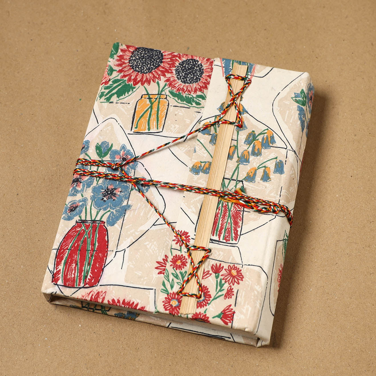 Printed fabric cover handmade paper notebook with thread