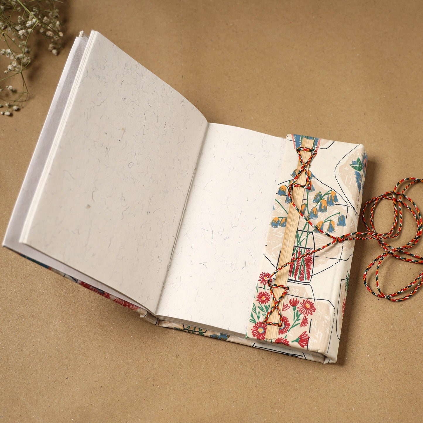 Printed fabric cover handmade paper notebook with thread
