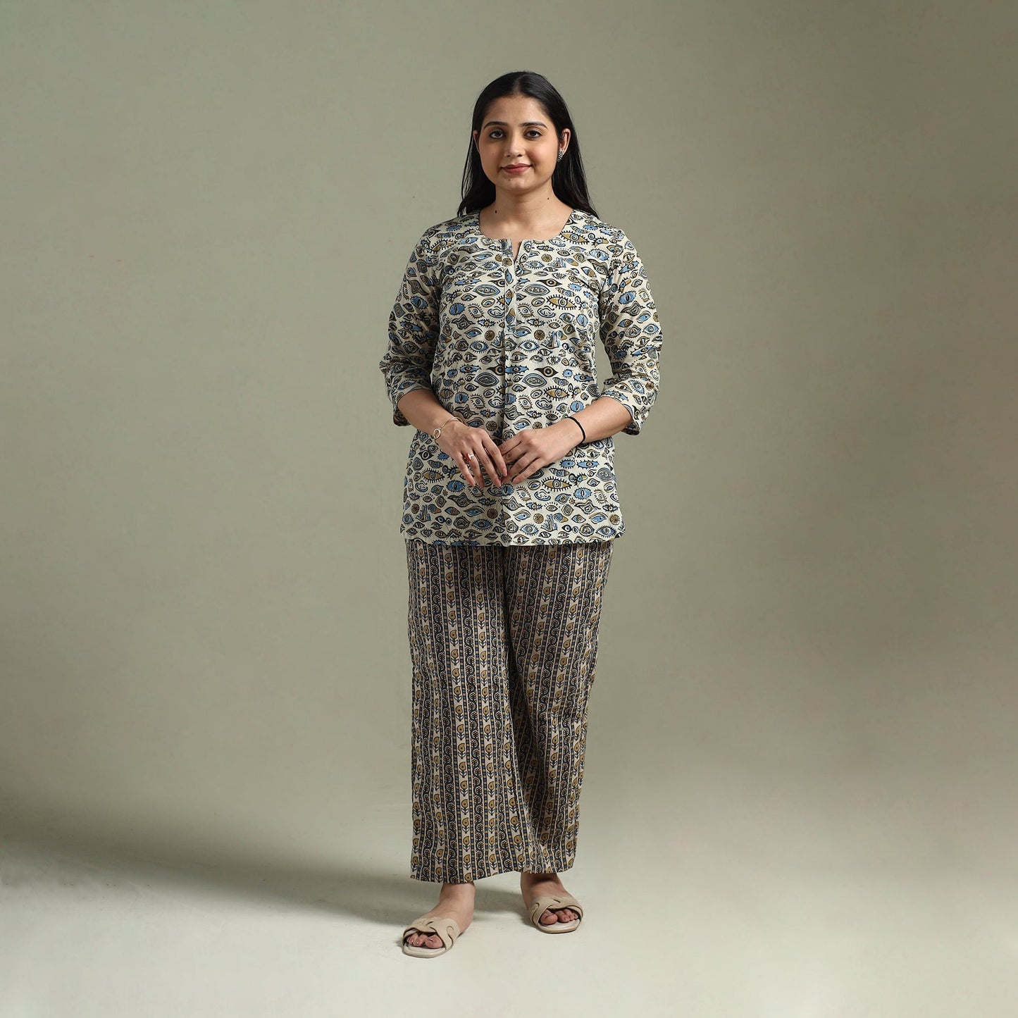 Pure cotton natural dyed ajrakh hand block print night suit