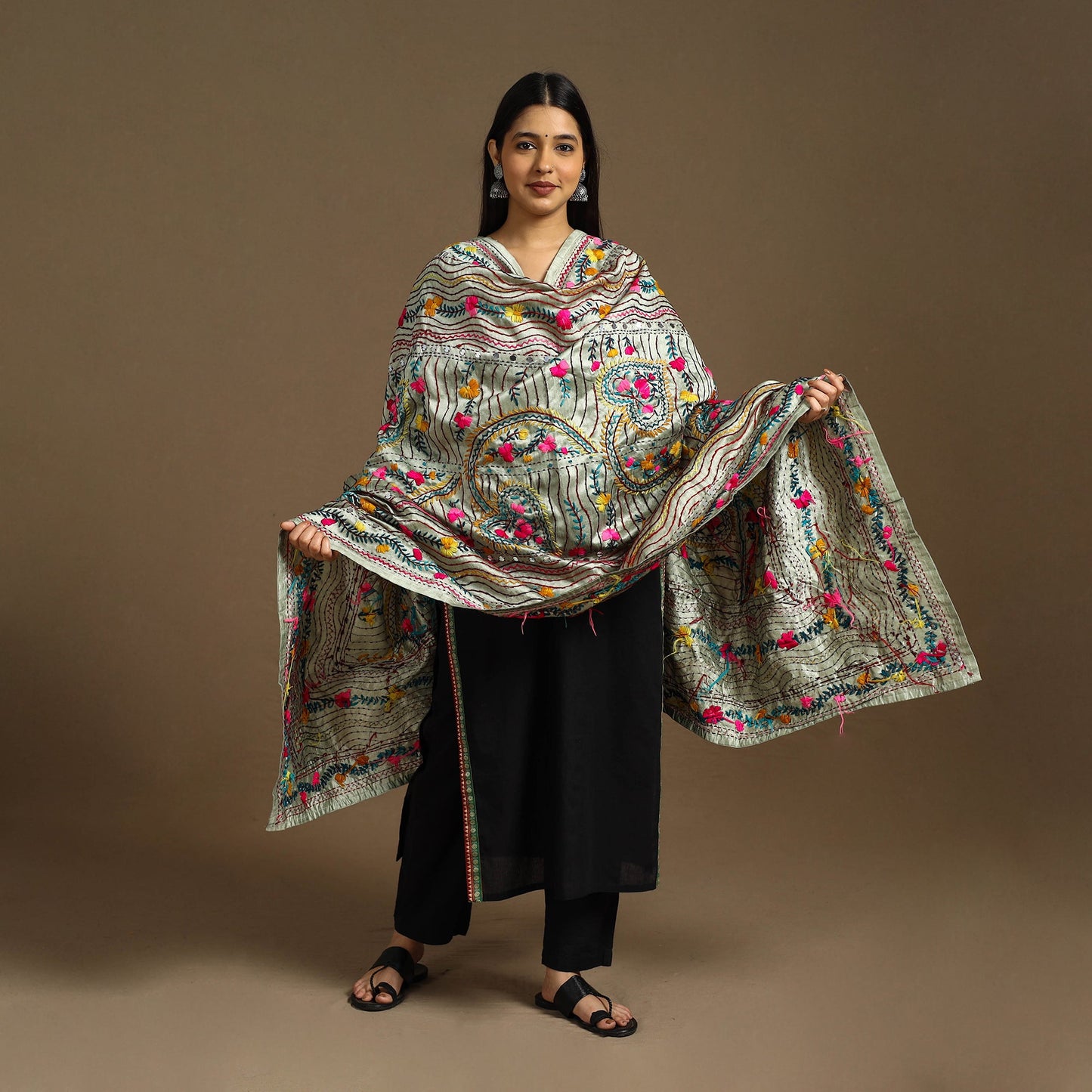 Beige Ranihati Chanderi Silk Hand Embroidery Dupatta