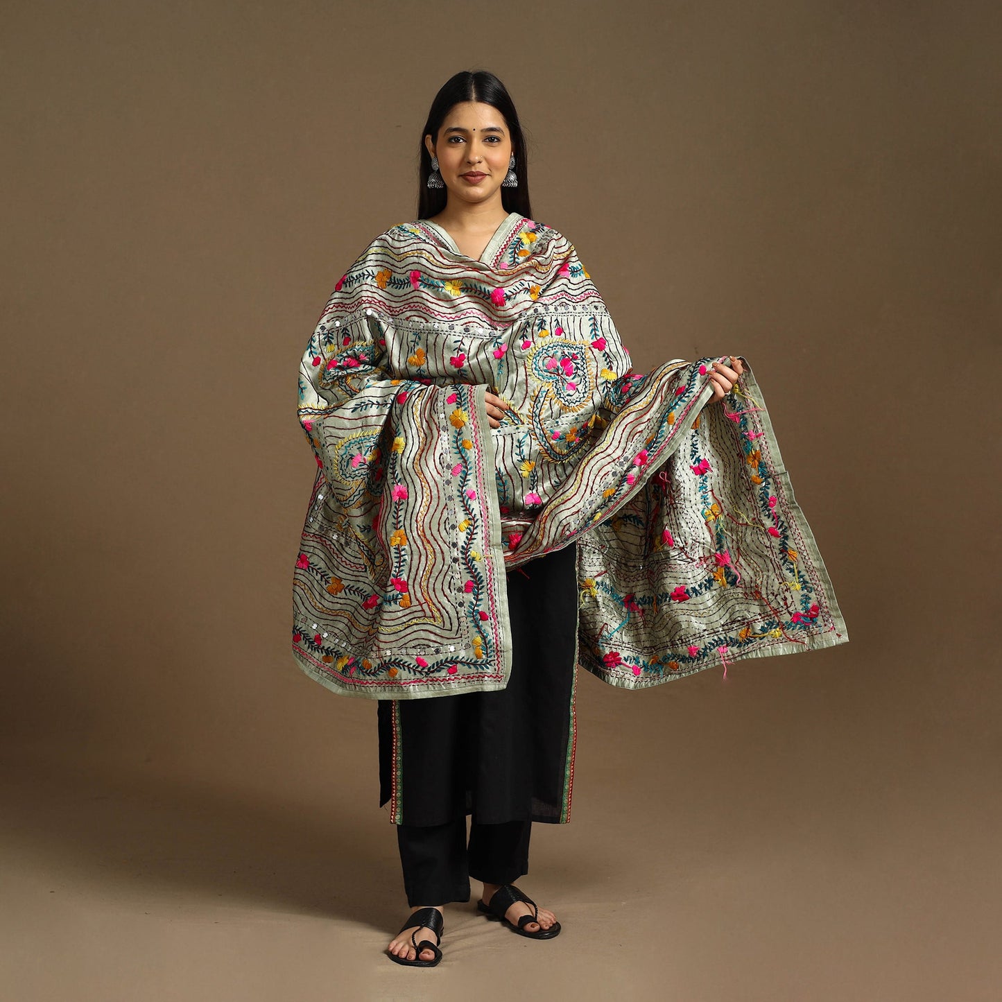 Beige Ranihati Chanderi Silk Hand Embroidery Dupatta