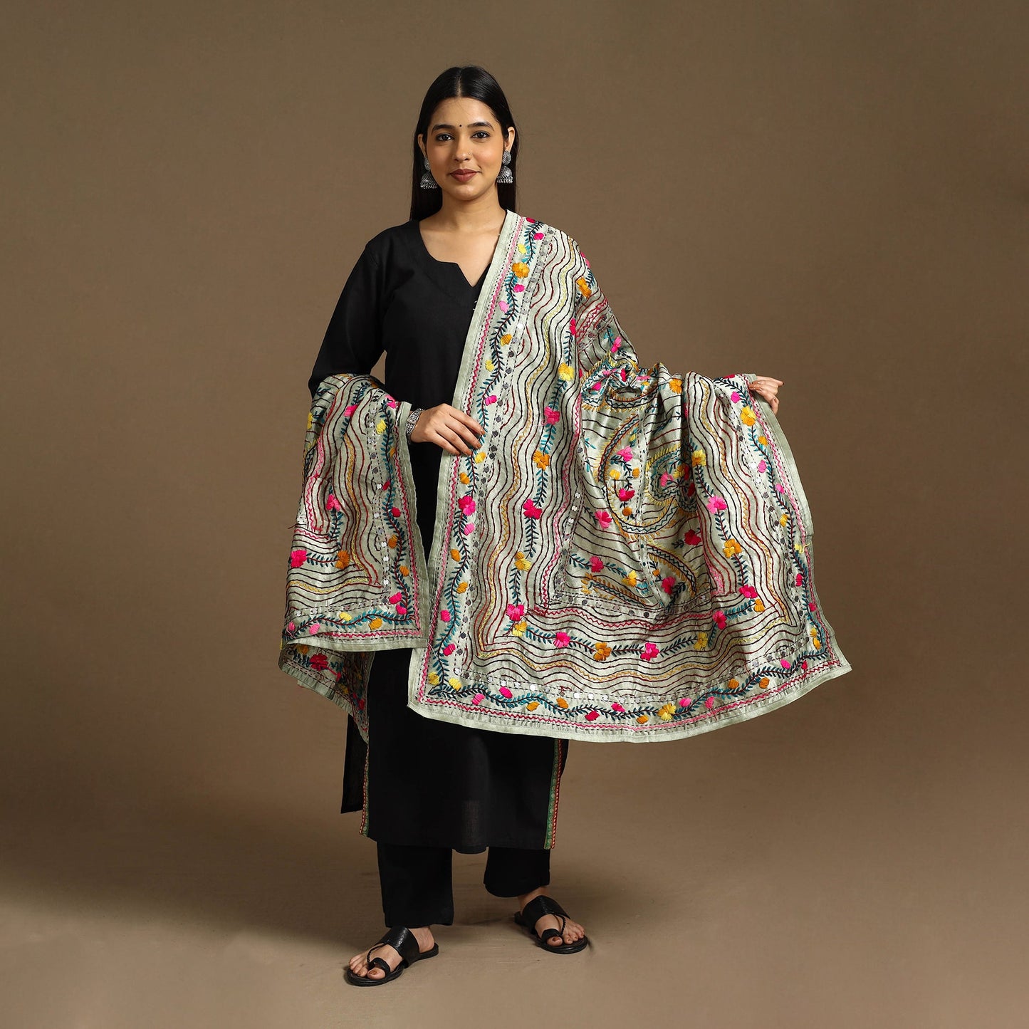 Beige Ranihati Chanderi Silk Hand Embroidery Dupatta