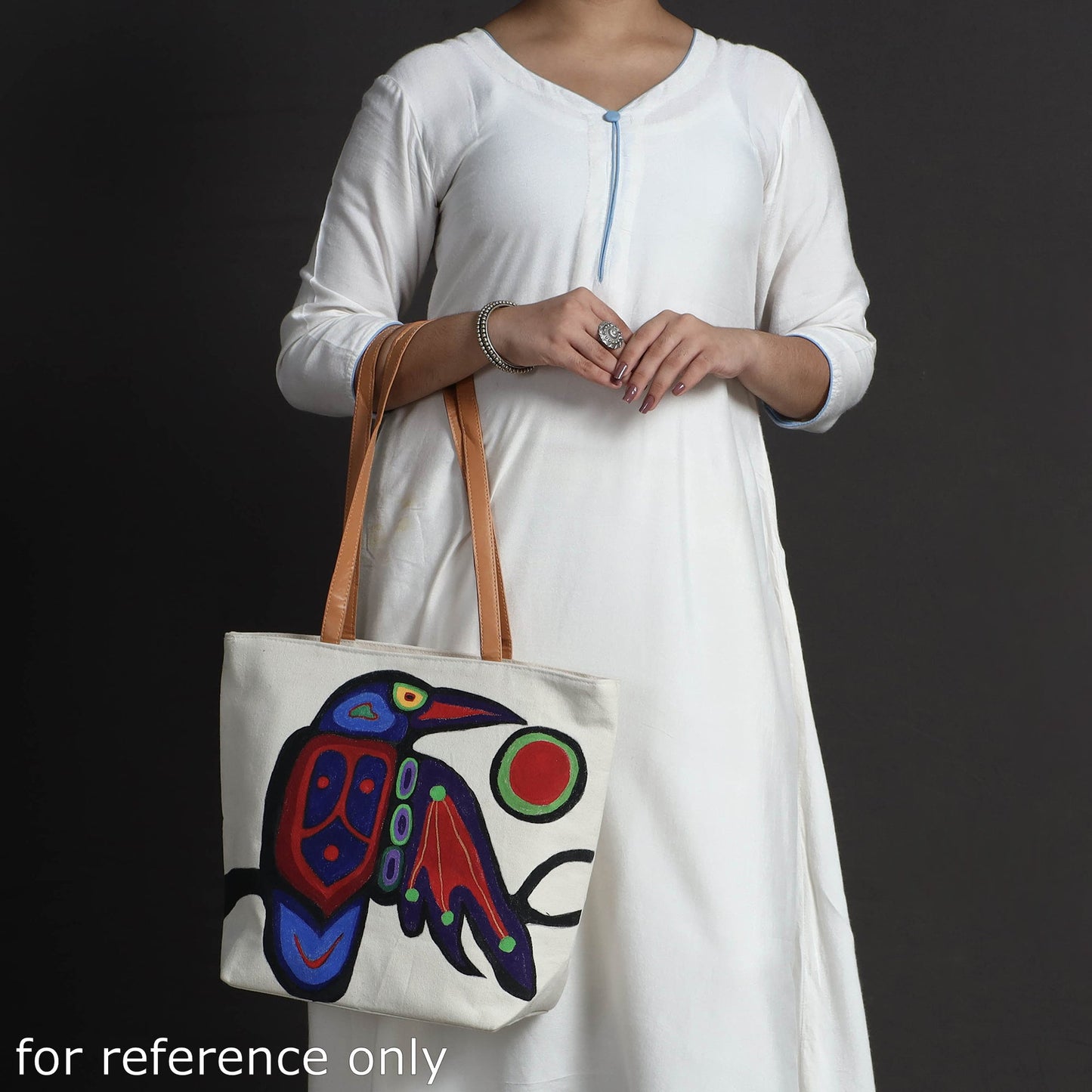 Beige Raven Bird Canvas Cotton Handpainted Shoulder Bag