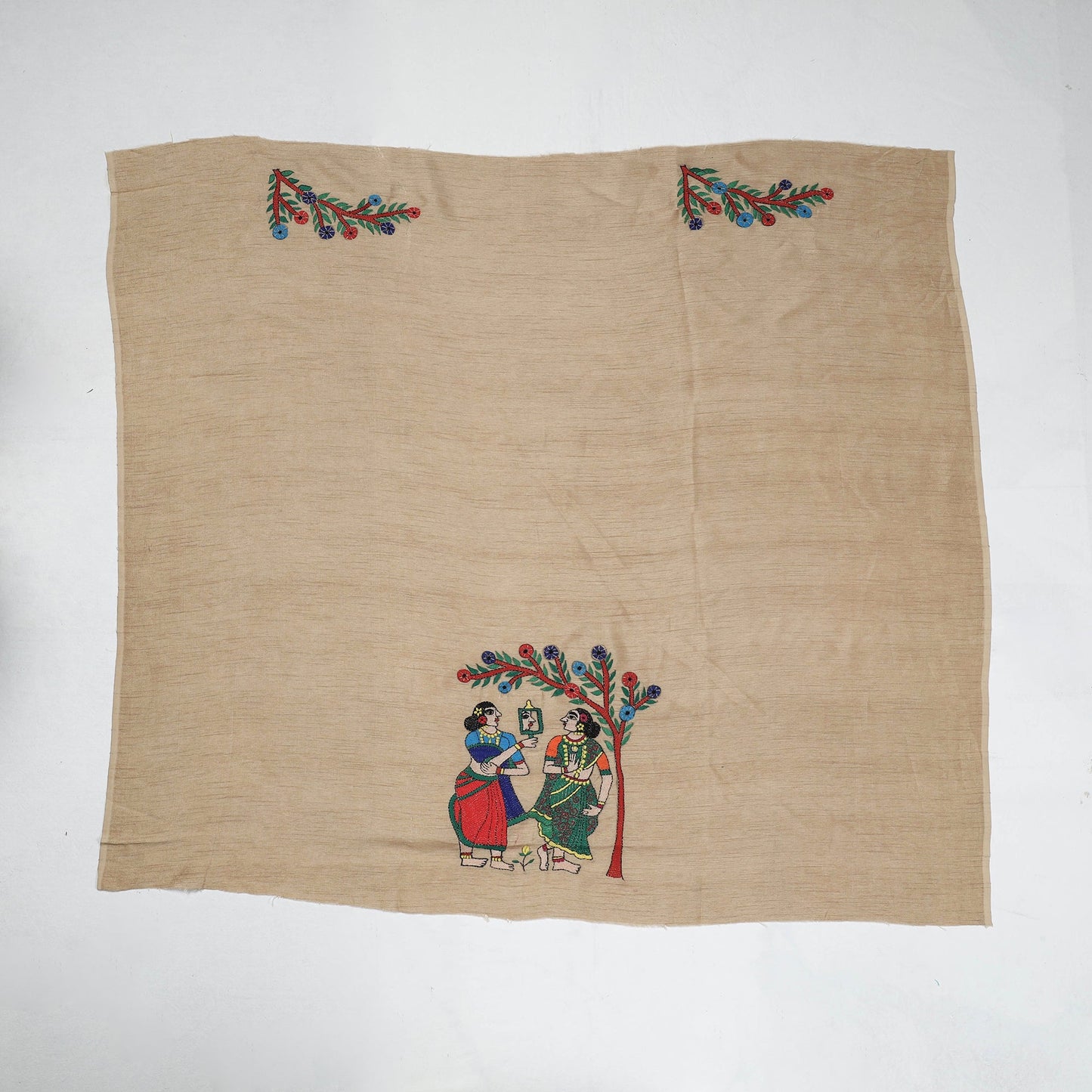 Beige Bengal Kantha Embroidery Raw Silk Blouse Piece