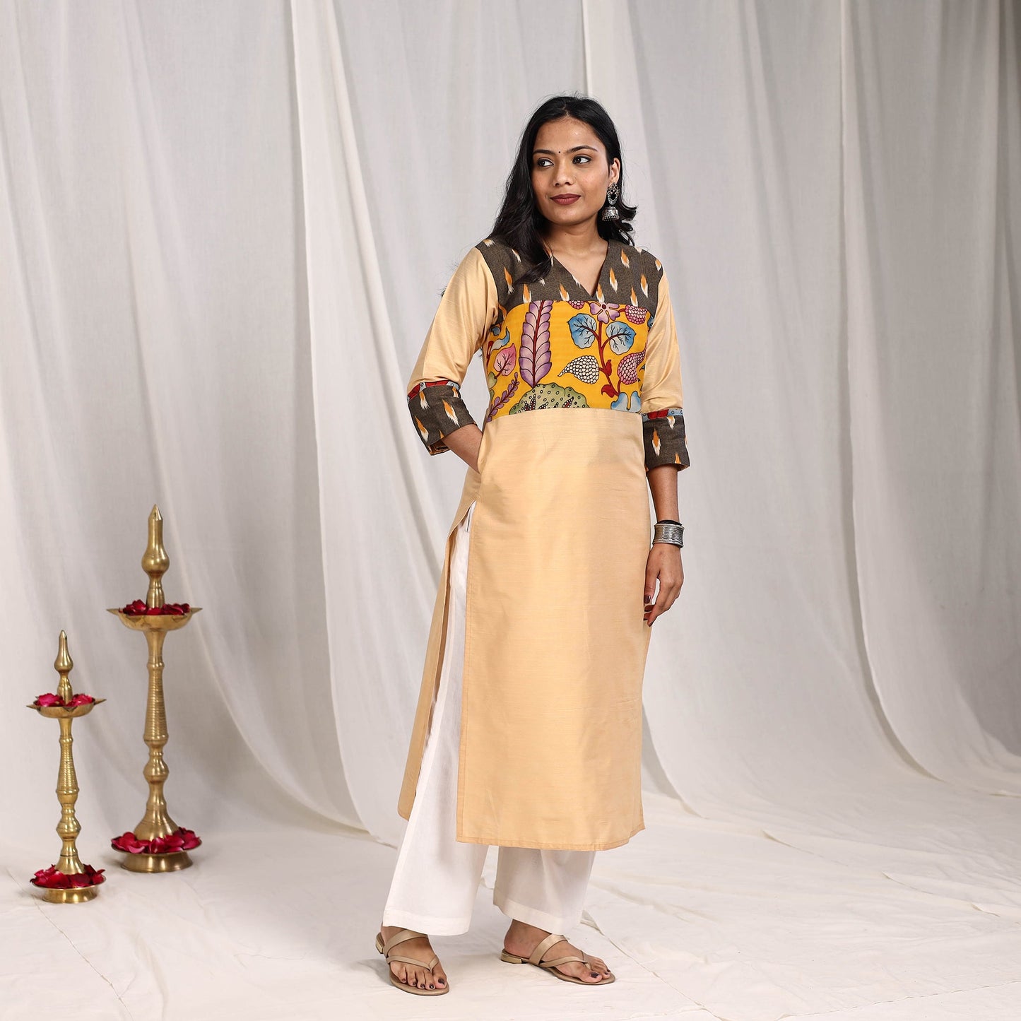 Beige Ruhi Slub Silk Straight Plain Kurta with Patchwork for Women