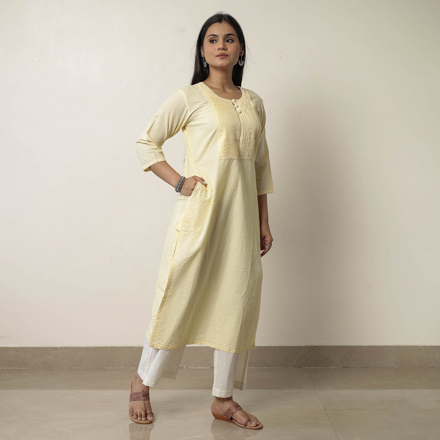 Plain Running Stitch Cotton Pintuck A-Line Long Kurta 33 Online at iTokri.com