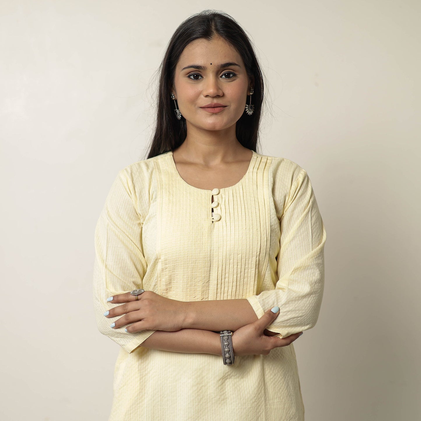 Plain Running Stitch Cotton Pintuck A-Line Long Kurta 33 Online at iTokri.com