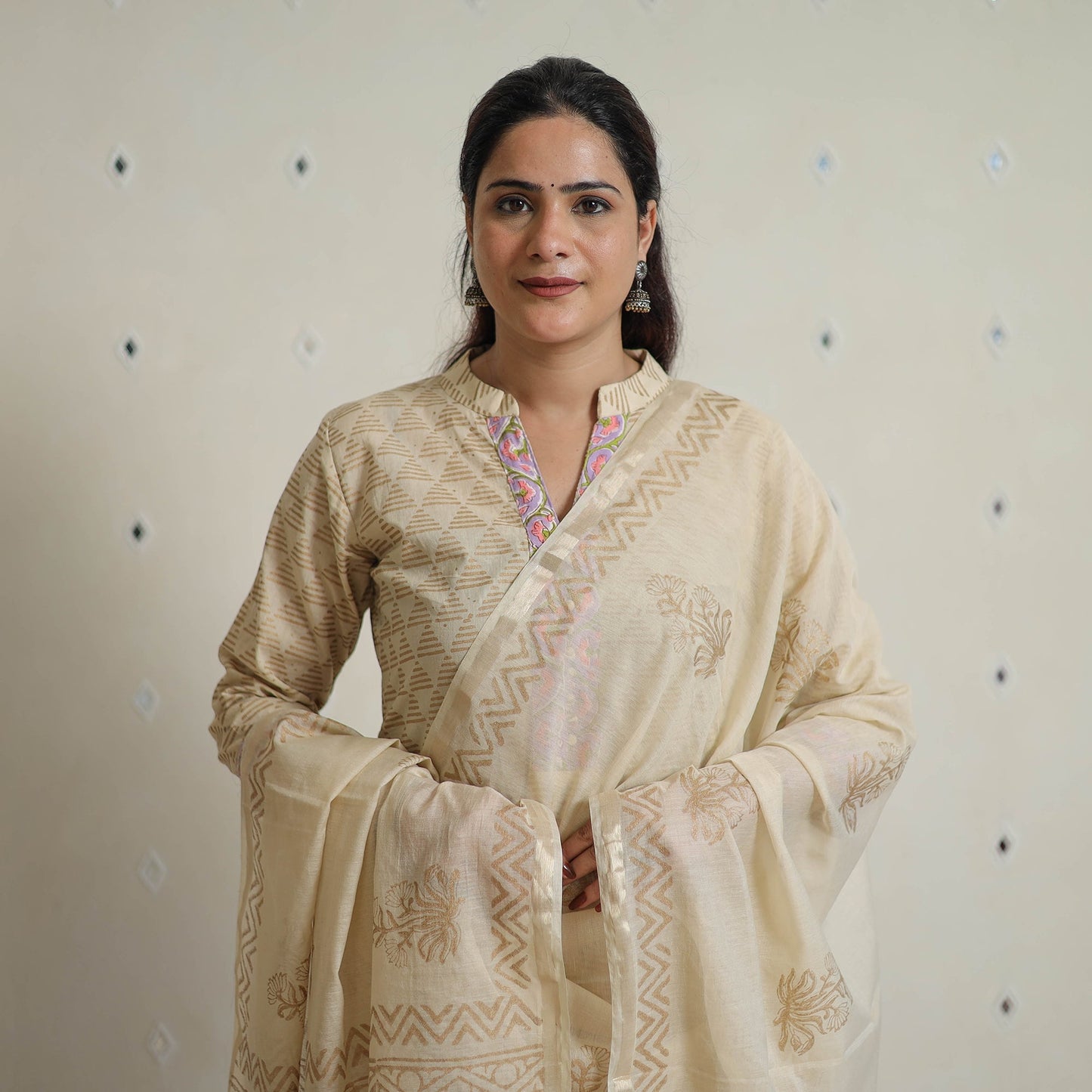 Beige - sanganeri cotton kurta suit set 12 - handcrafted