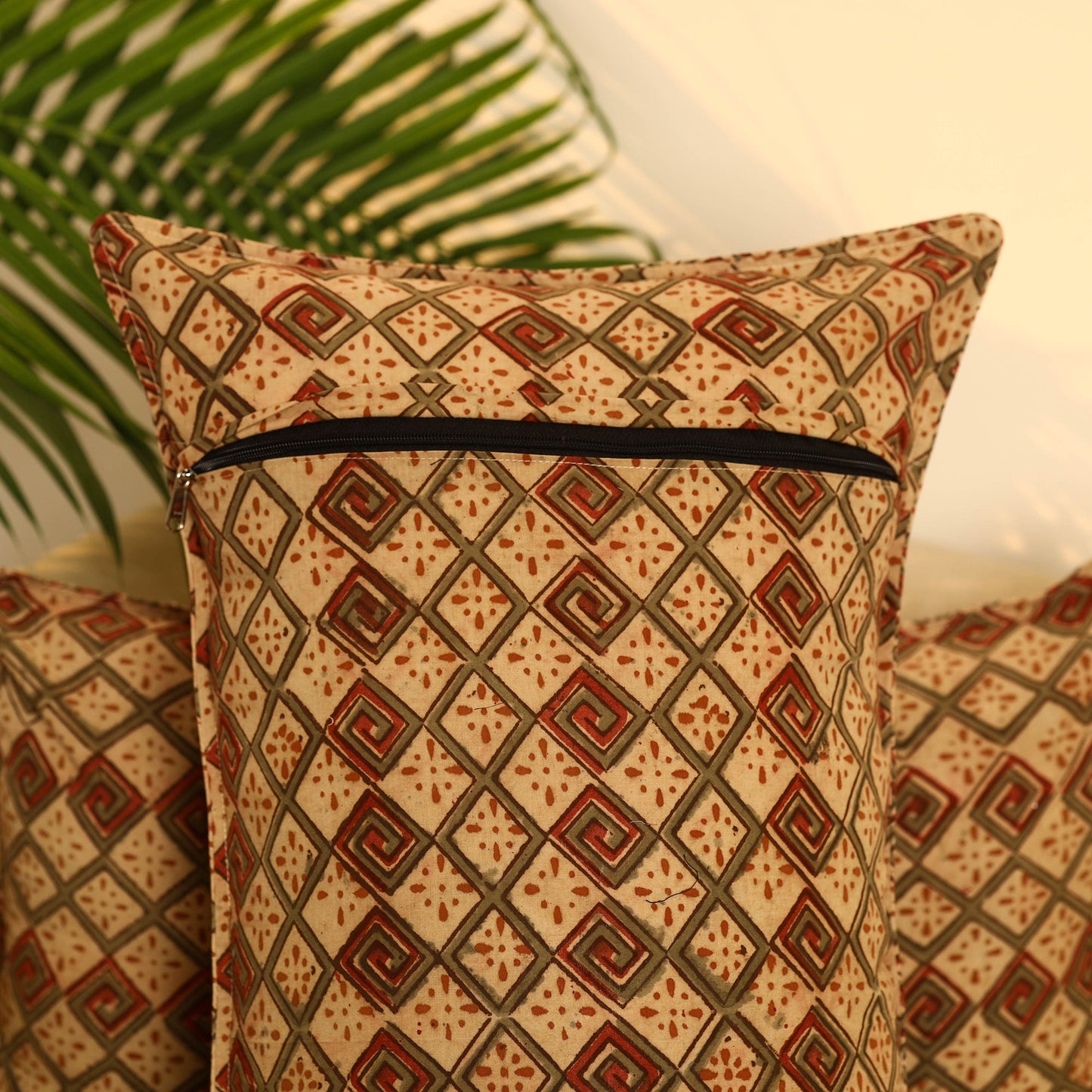 Buy Set of 2 Beige Kalamkari Block Print Cotton Pillow Covers