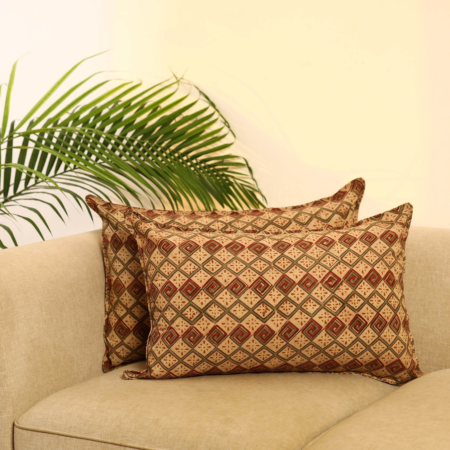 Buy Set of 2 Beige Kalamkari Block Print Cotton Pillow Covers