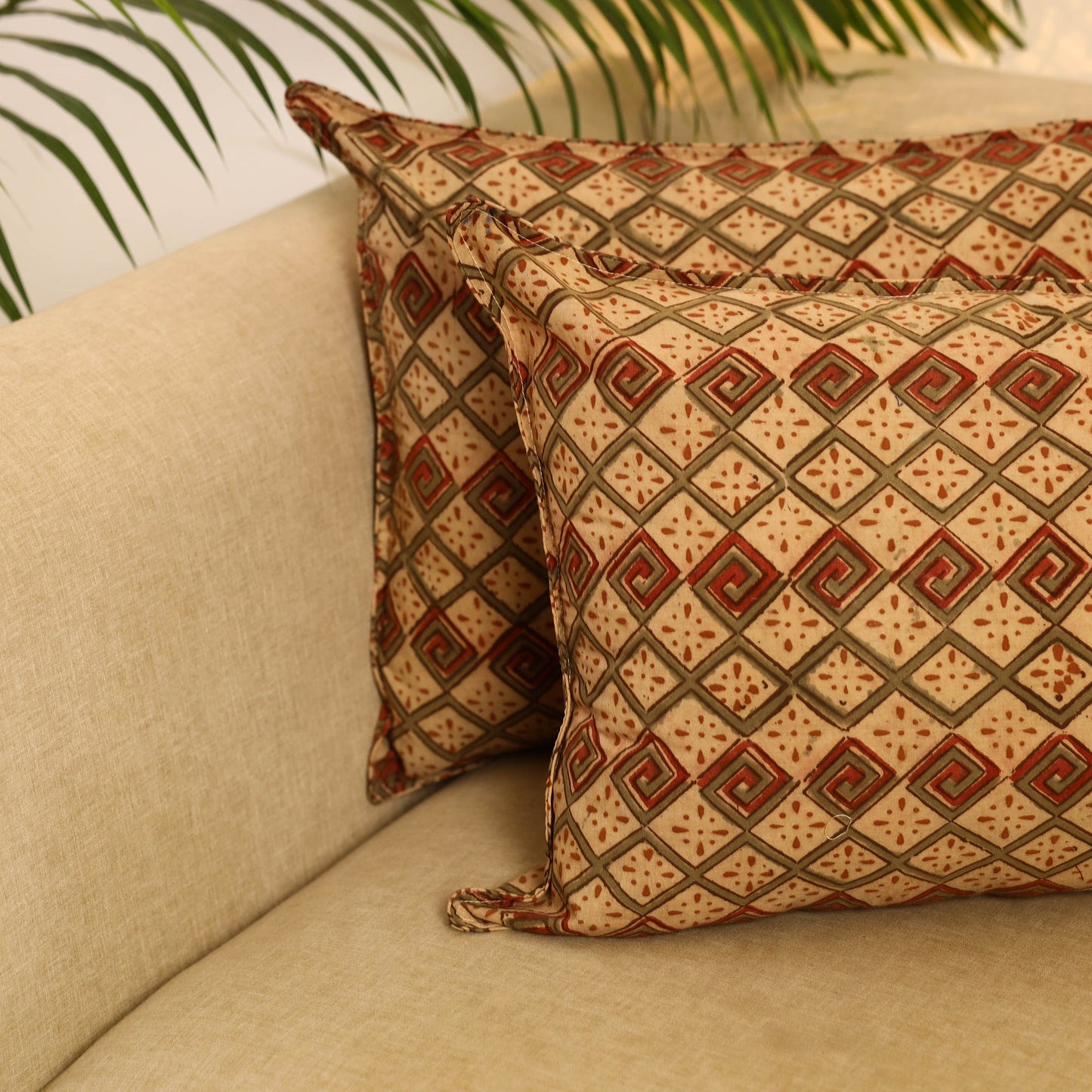 Buy Set of 2 Beige Kalamkari Block Print Cotton Pillow Covers