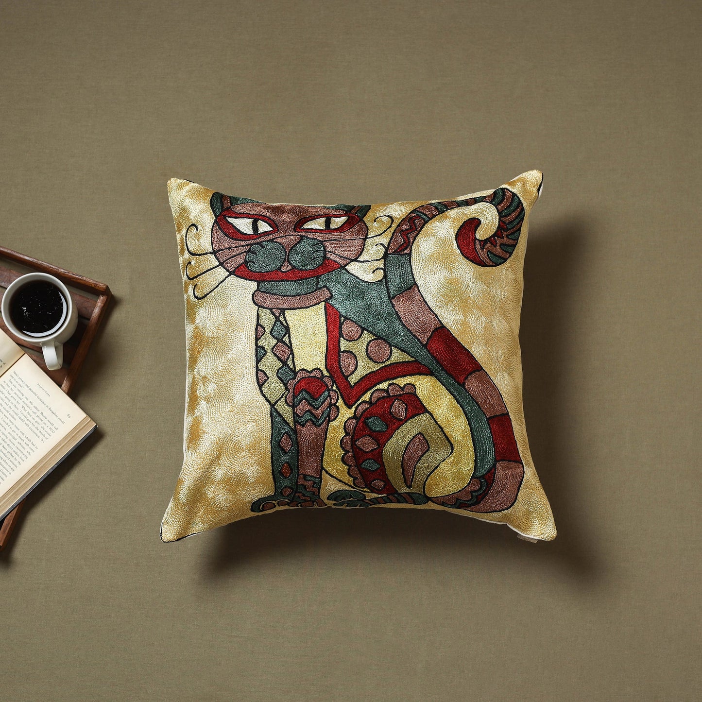 Beige - silk thread crewel hand embroidery cushion cover