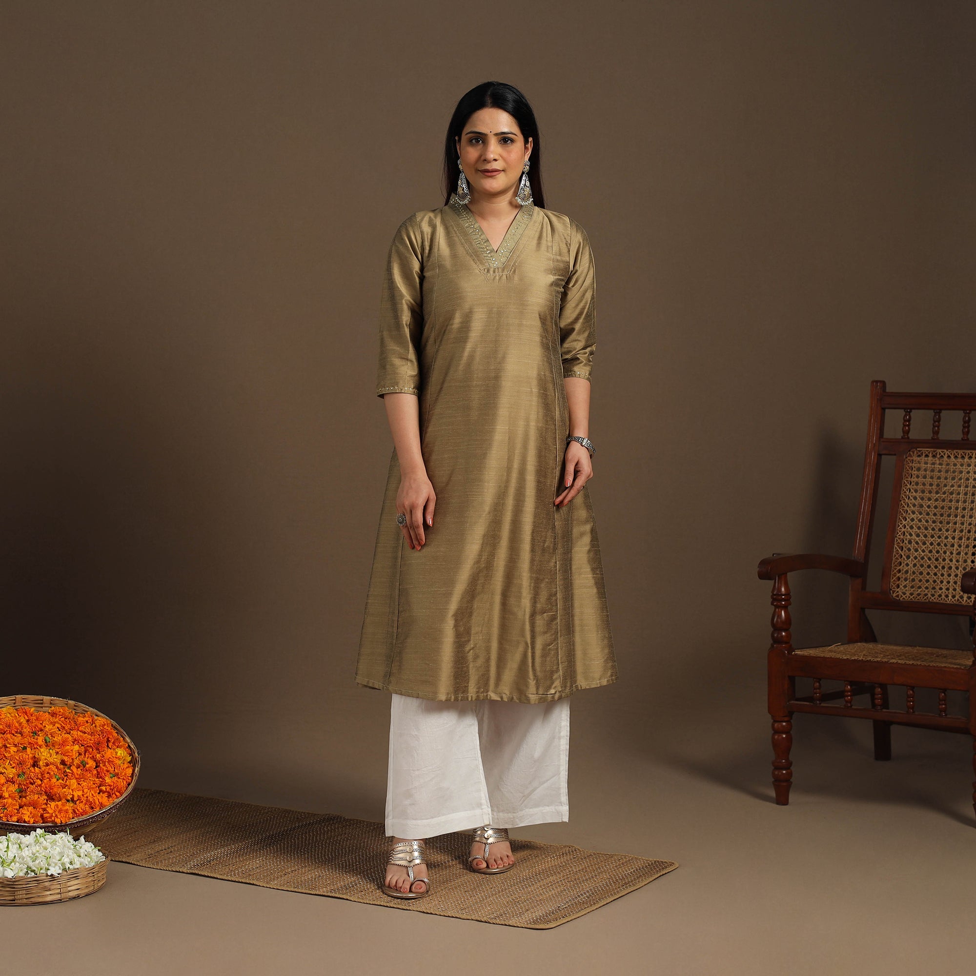 Beige - Slub Silk A-Line Plain Long Kurta with Hand Embroidery 03