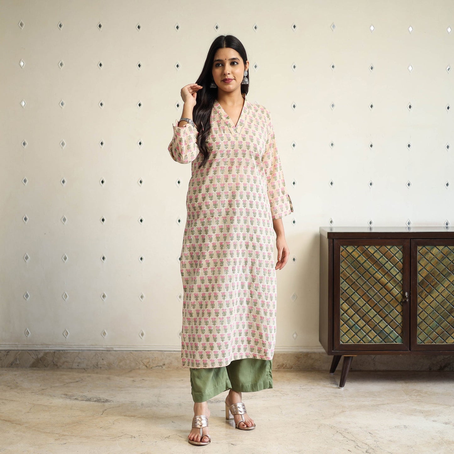 Beige Straight Cotton Block Print Sanganeri Kurta
