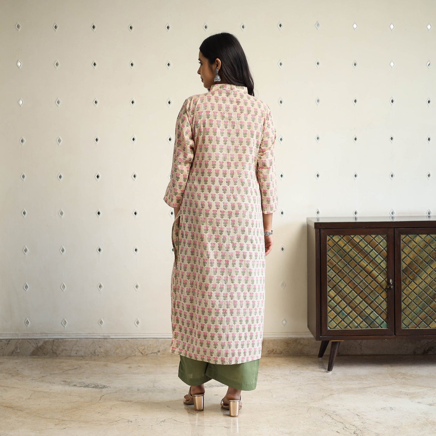 Beige Straight Cotton Block Print Sanganeri Kurta