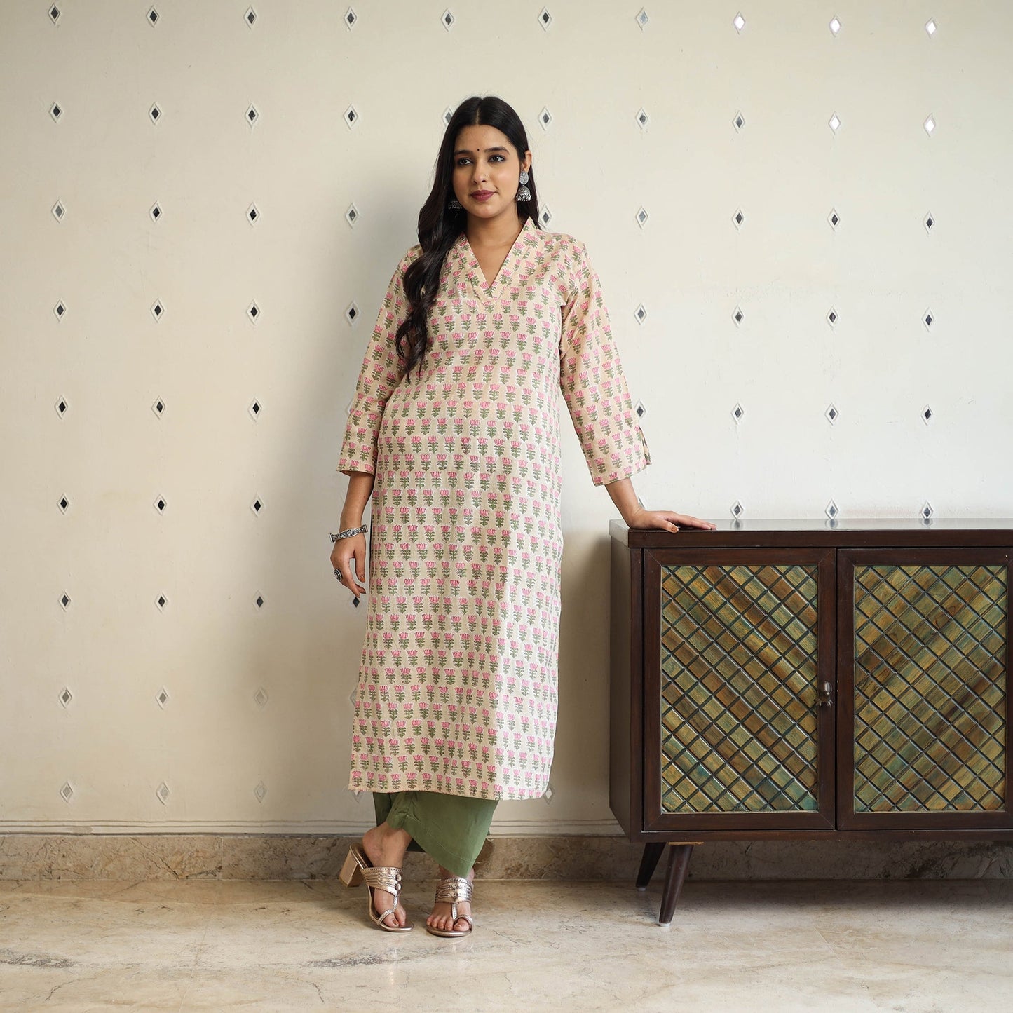 Beige Straight Cotton Block Print Sanganeri Kurta