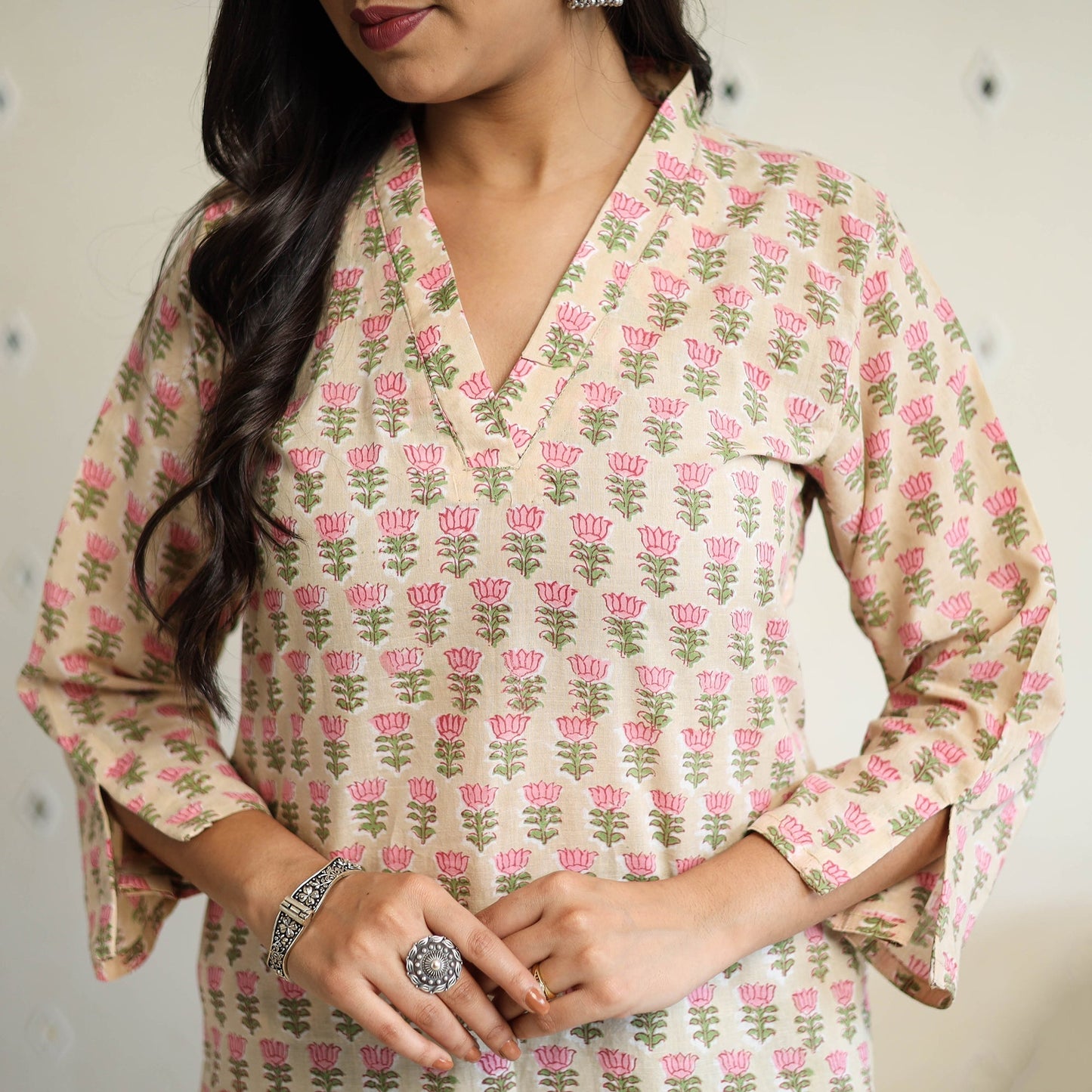 Beige Straight Cotton Block Print Sanganeri Kurta