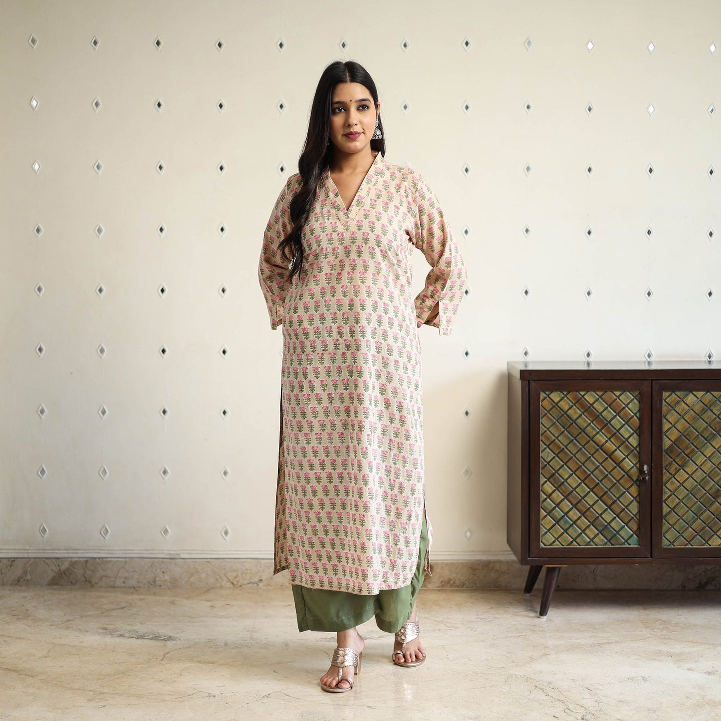 Beige Straight Cotton Block Print Sanganeri Kurta