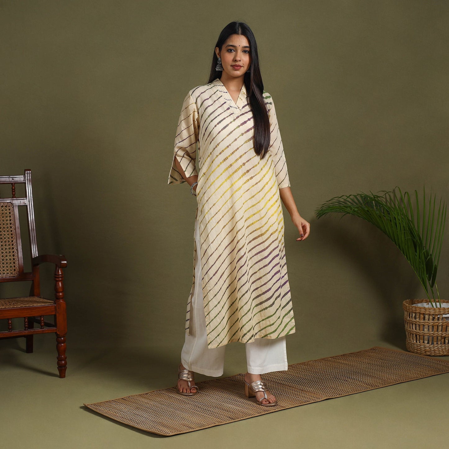 Beige Tie-Dye Cotton Straight Leheriya Kurta