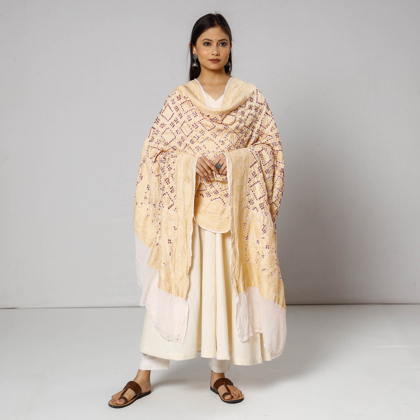 Traditional Kutch Neem Zari Jaal Work Bandhani Tie-Dye Georgette Banarasi Dupatta
