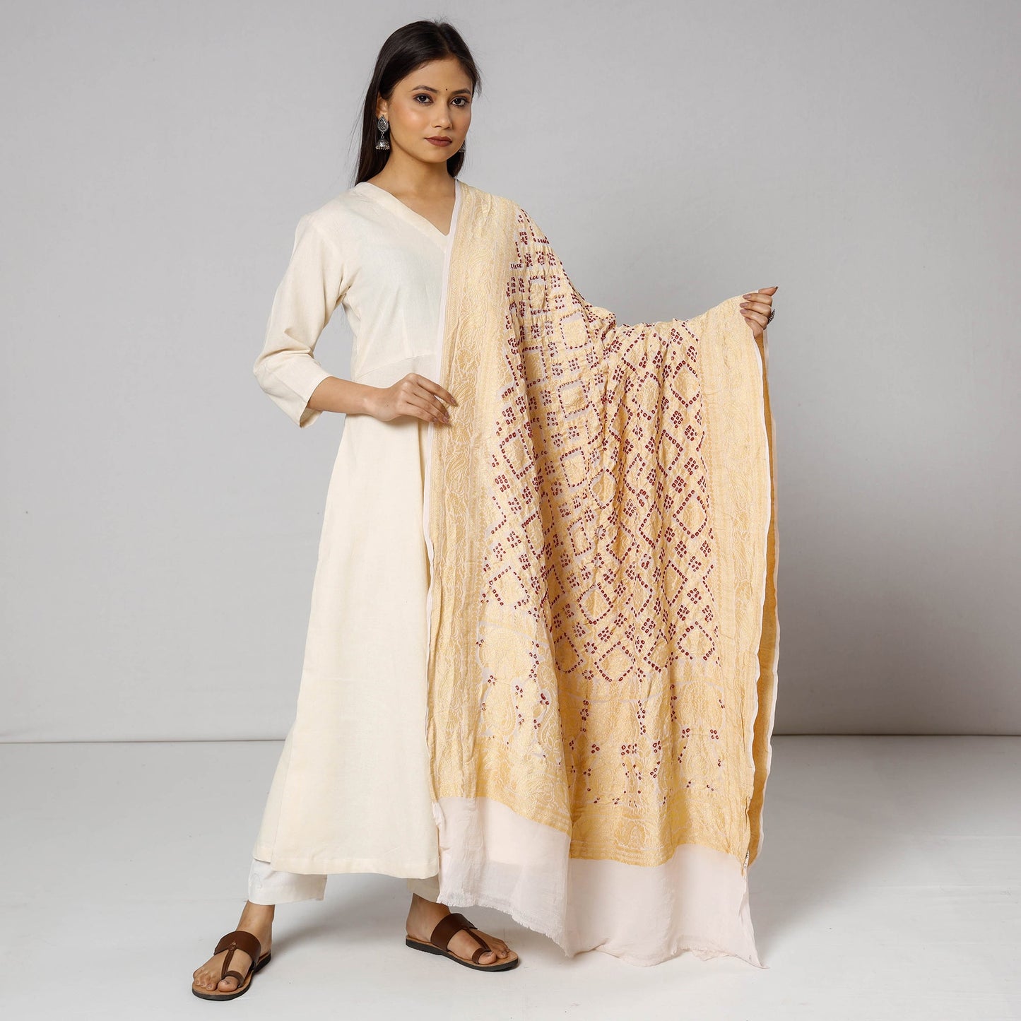 Traditional Kutch Neem Zari Jaal Work Bandhani Tie-Dye Georgette Banarasi Dupatta