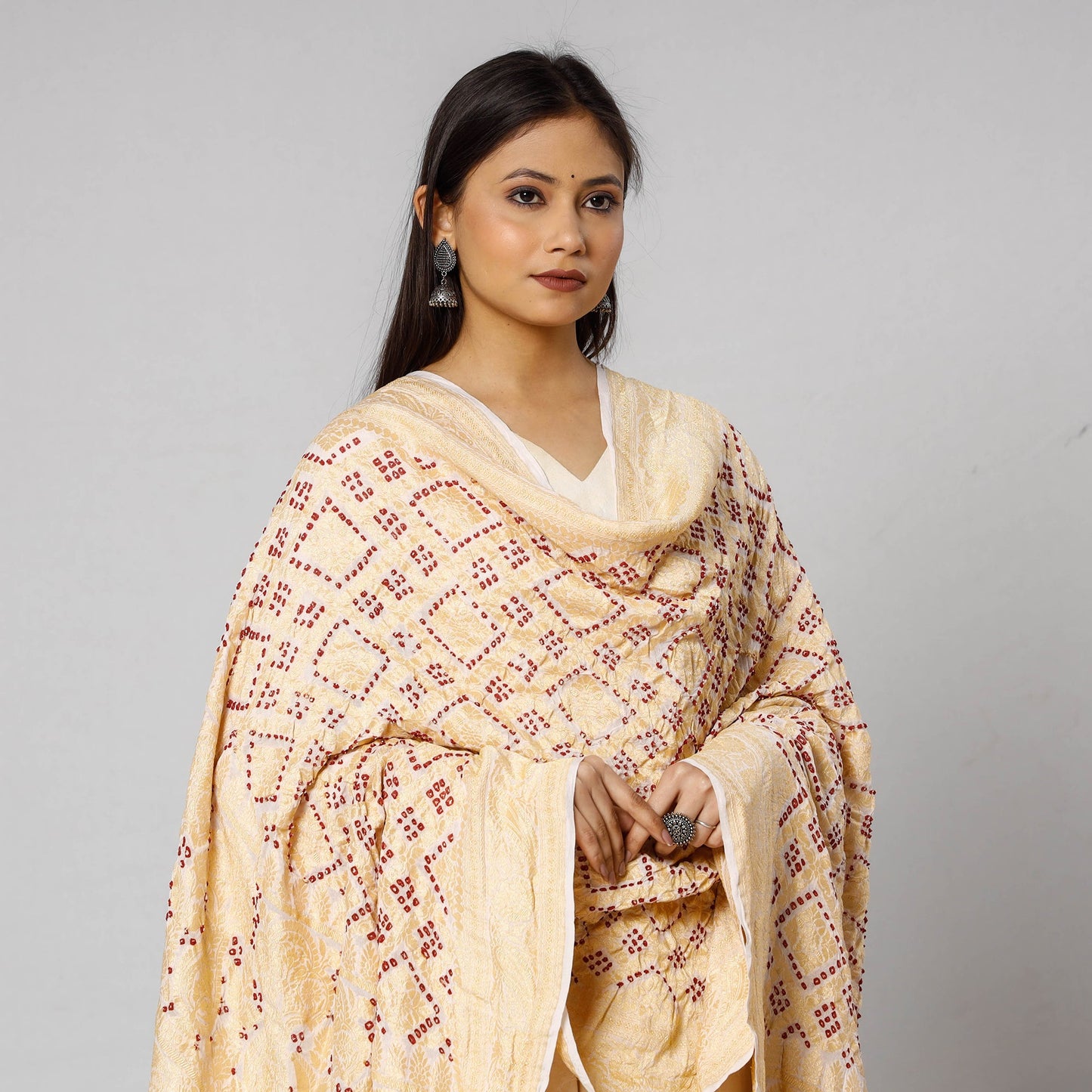 Traditional Kutch Neem Zari Jaal Work Bandhani Tie-Dye Georgette Banarasi Dupatta