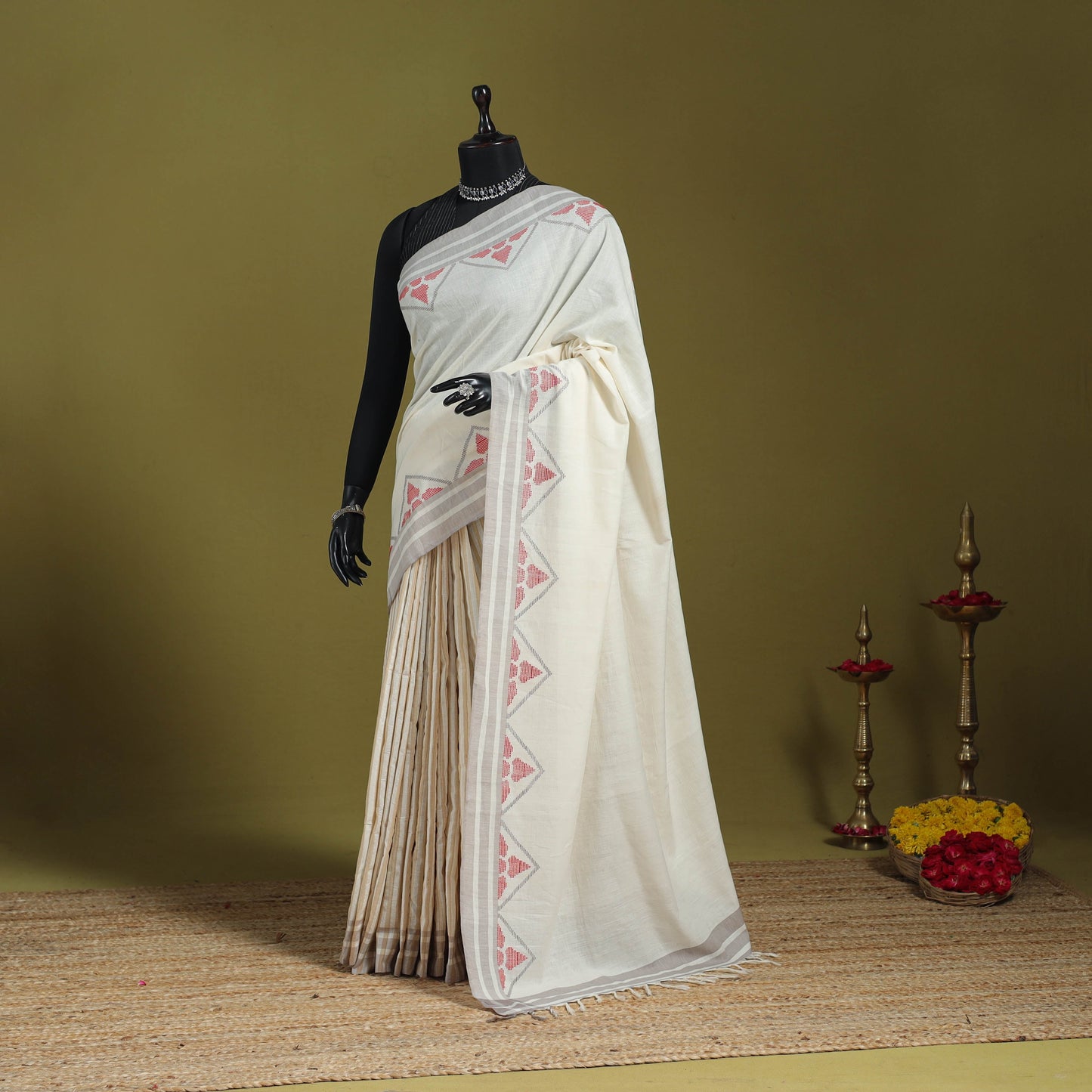 Beige - trangle pattern with red buti extra weft handloom