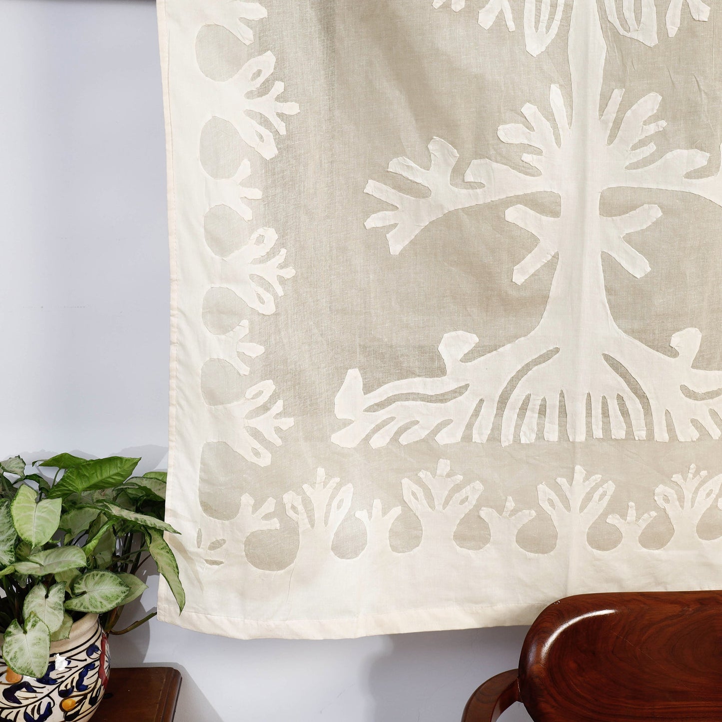 Beige Tree Cutwork Cotton Barmer Applique Window Curtain