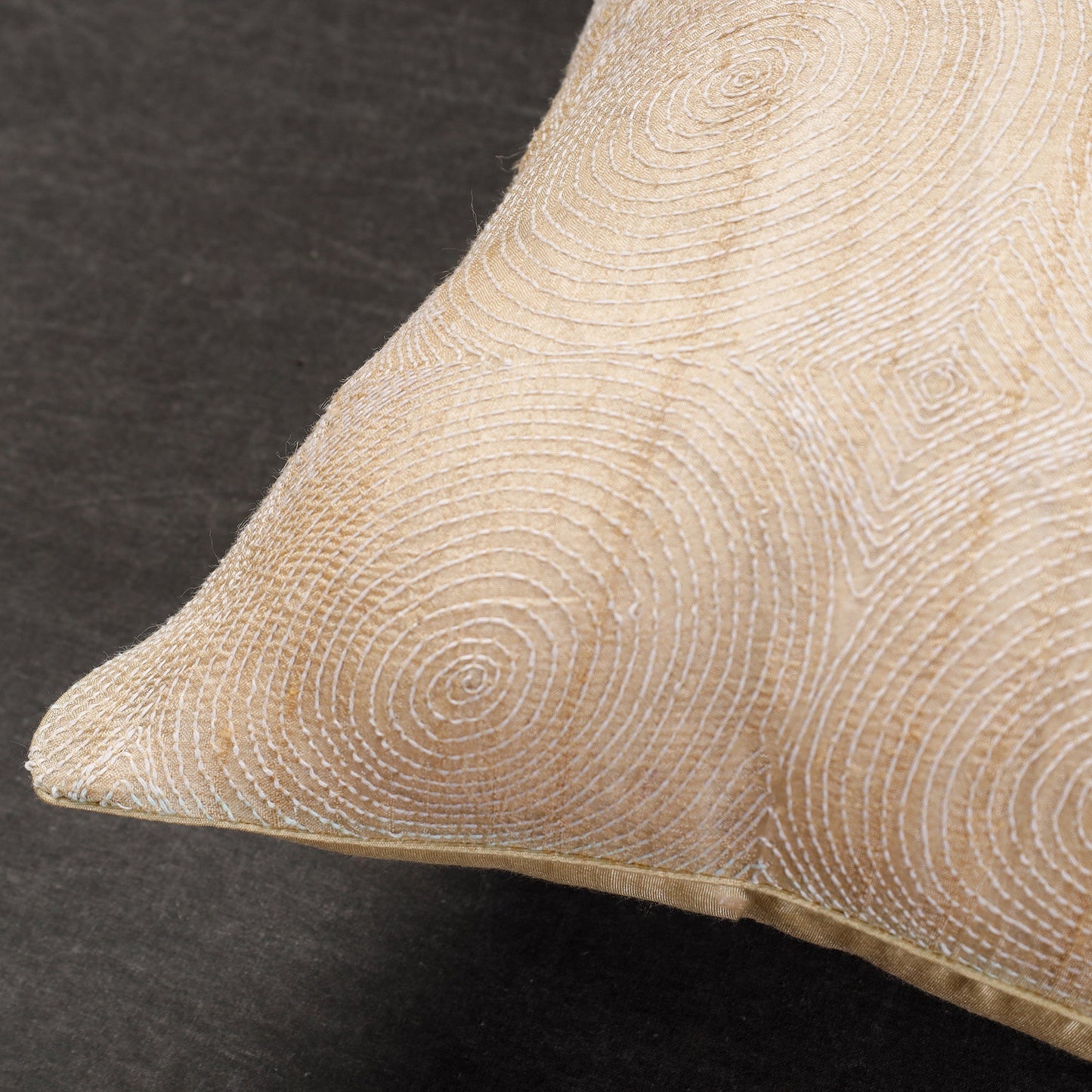 Buy Beige Tussar Silk Bengal Kantha Work Cushion Cover