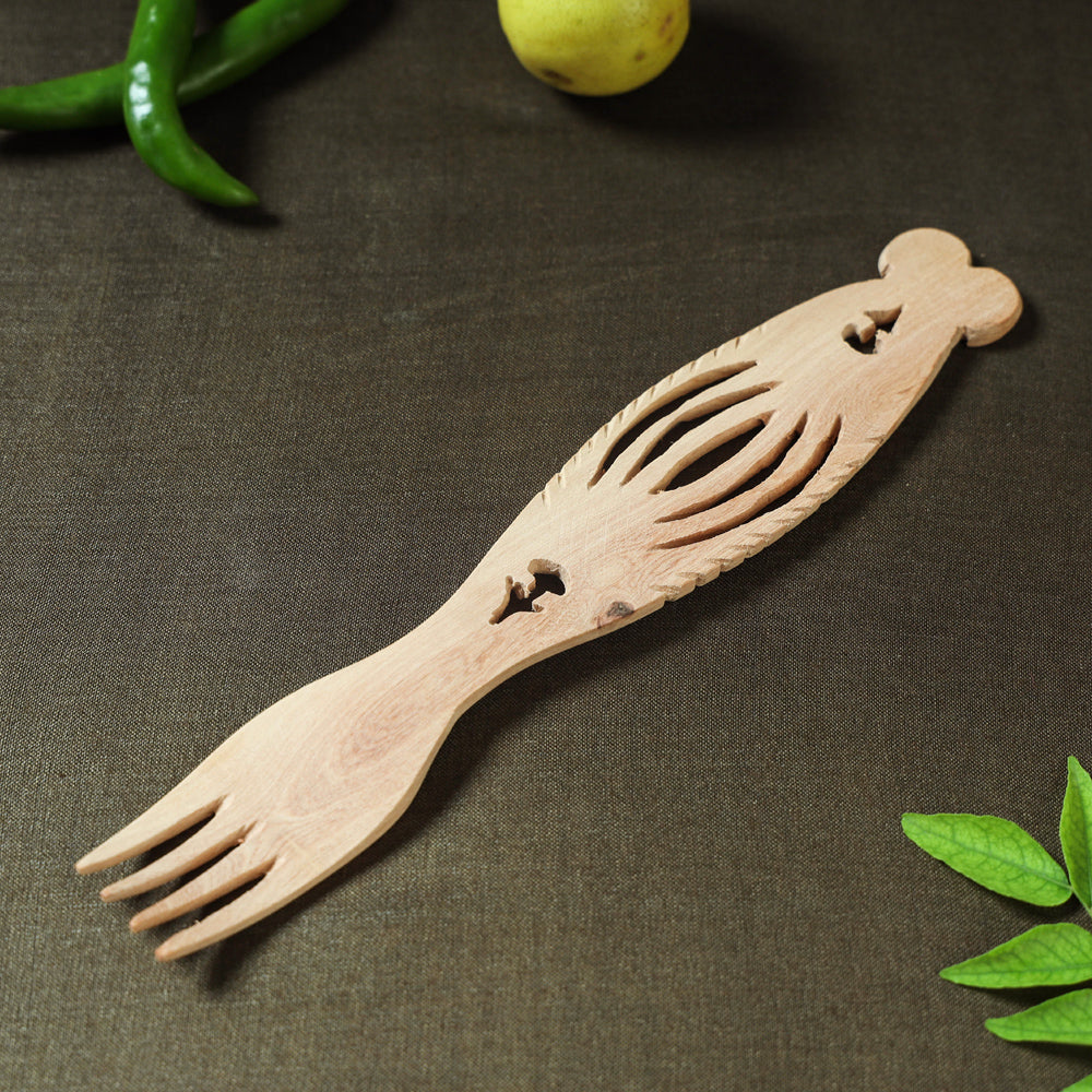Handmade Udayagiri Beige Wooden Serving Kajur Fork 13