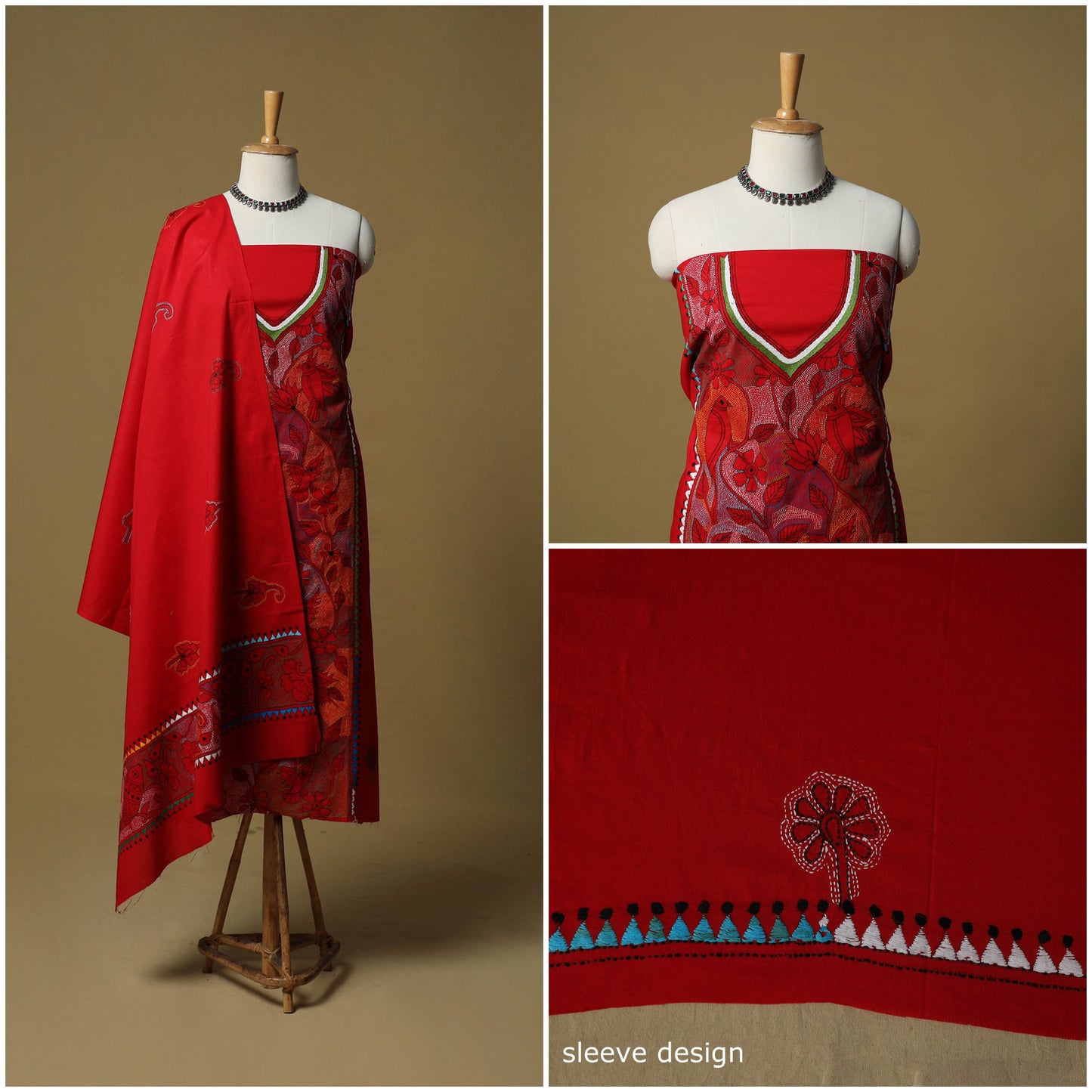 Bengal kantha hand embroidered cotton 3pc unstitched dress