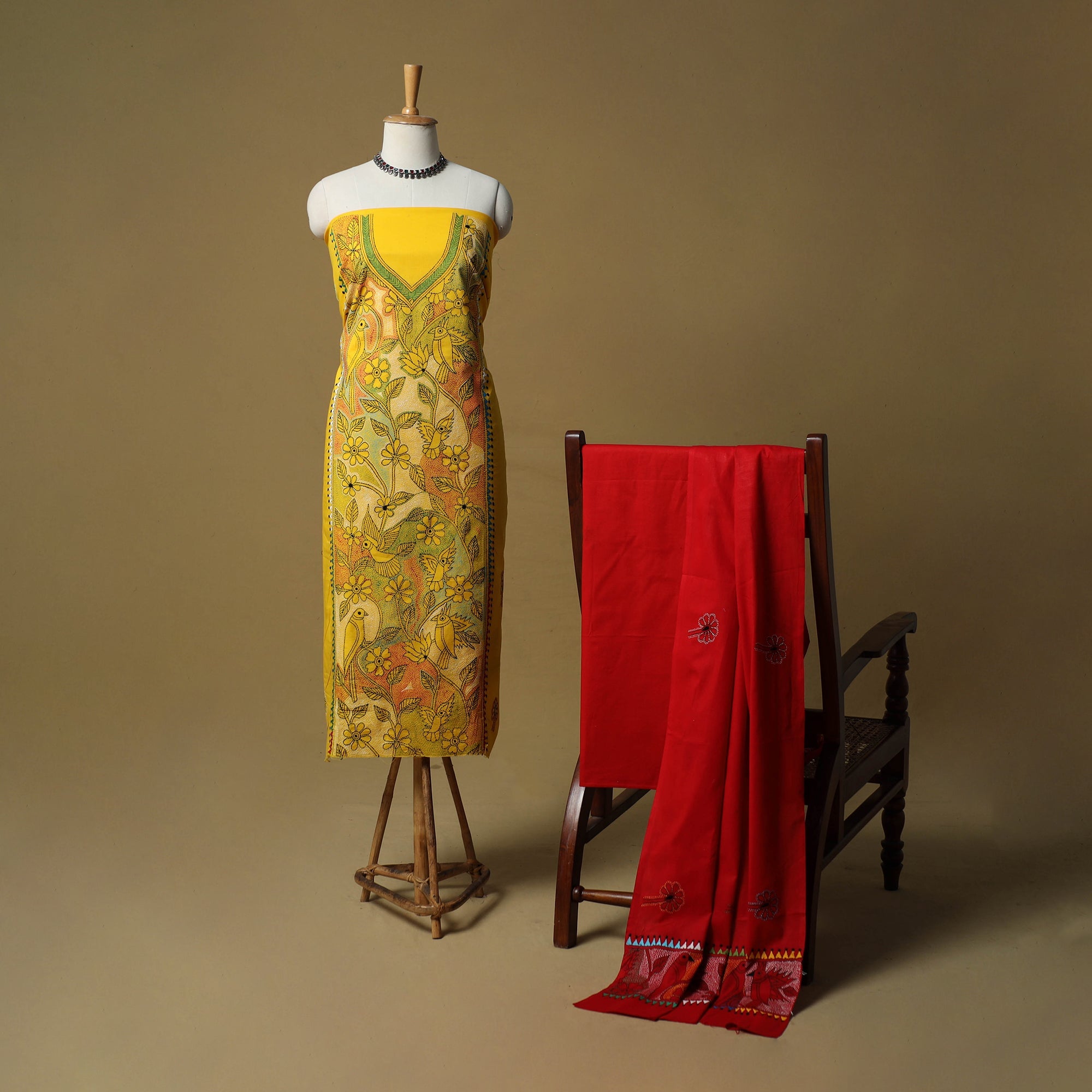 Yellow Bengal Kantha Hand Embroidered Cotton 3pc Unstitched Dress Material Suit Set