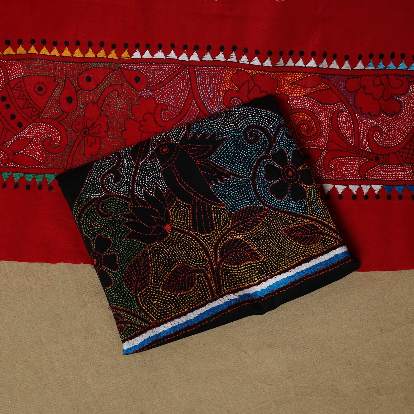 Bengal kantha hand embroidered cotton 3pc unstitched dress