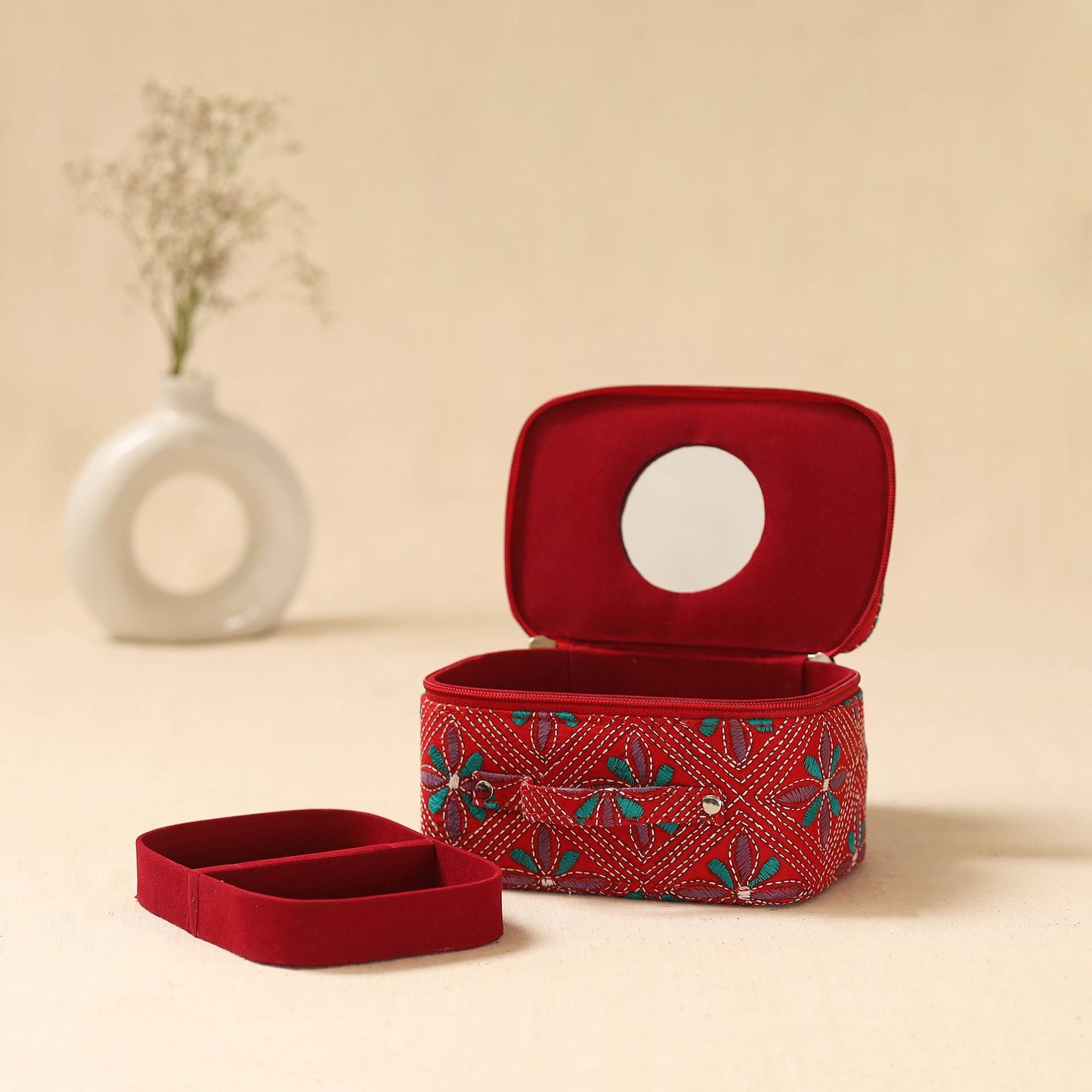 Bengal kantha work handcrafted jewellery box with mirror 08