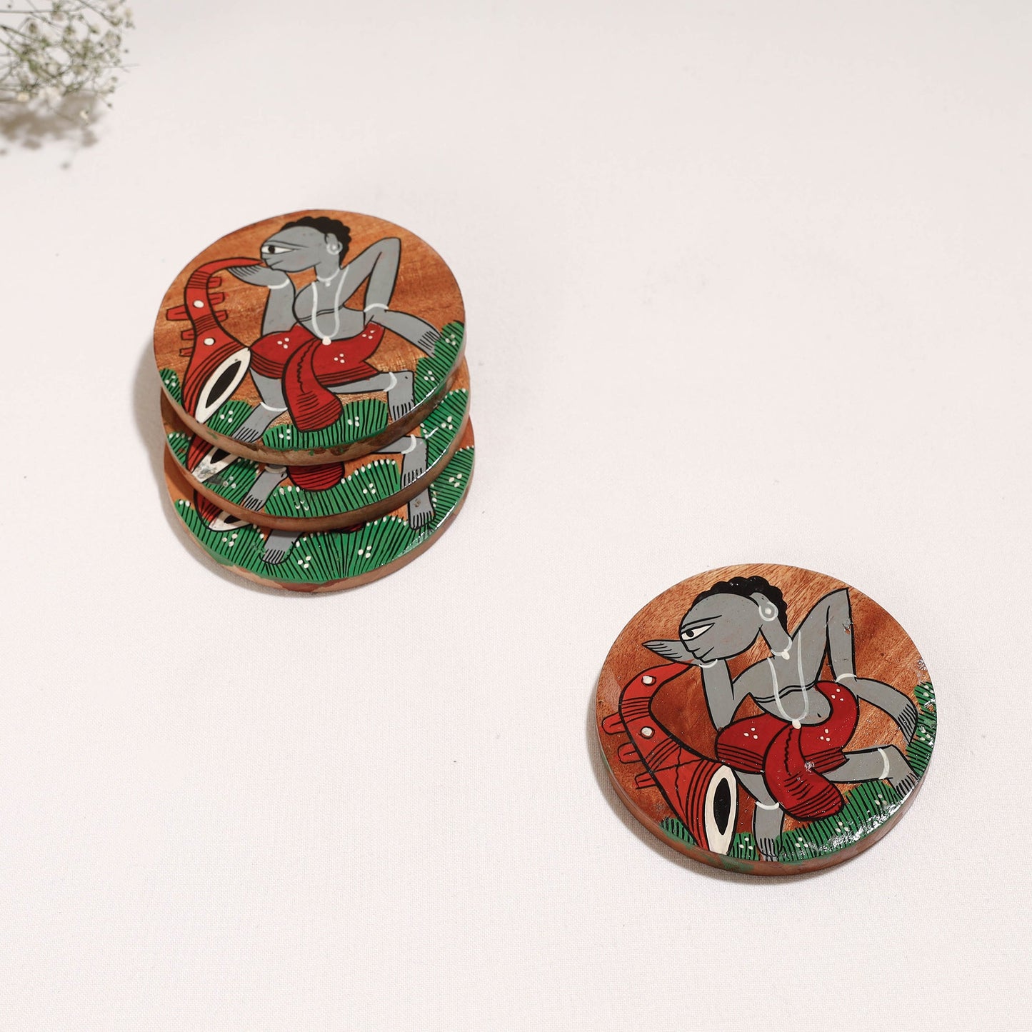 Bengal Patua Handpainted Akashmoni Wooden Coasters Online at iTokri.com