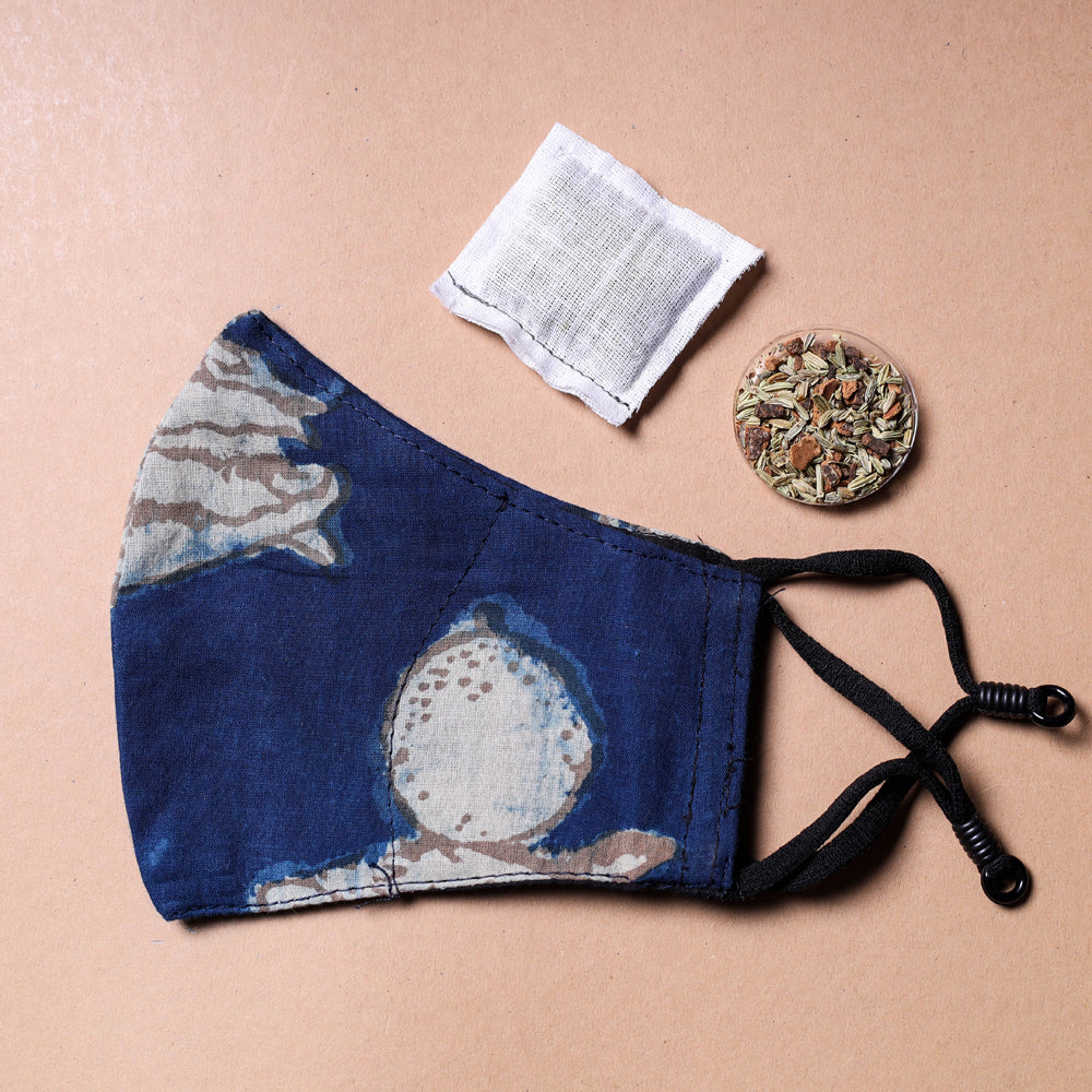 Bindass Block Printed Cotton 3 Layer Snug Fit Face Cover with Herb Pocket