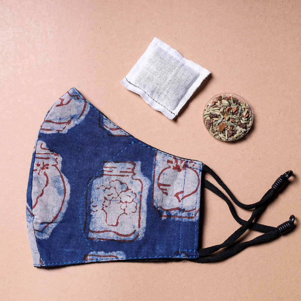 Bindass Block Printed Cotton 3 Layer Snug Fit Face Cover with Herb Pocket