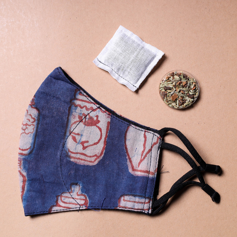 Bindass Block Printed Cotton 3 Layer Snug Fit Face Cover with Herb Pocket