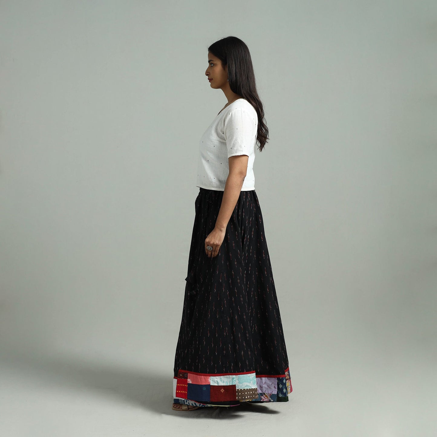 Black - 24 Kali Patchwork Cotton Pochampally Ikat Skirt 39
