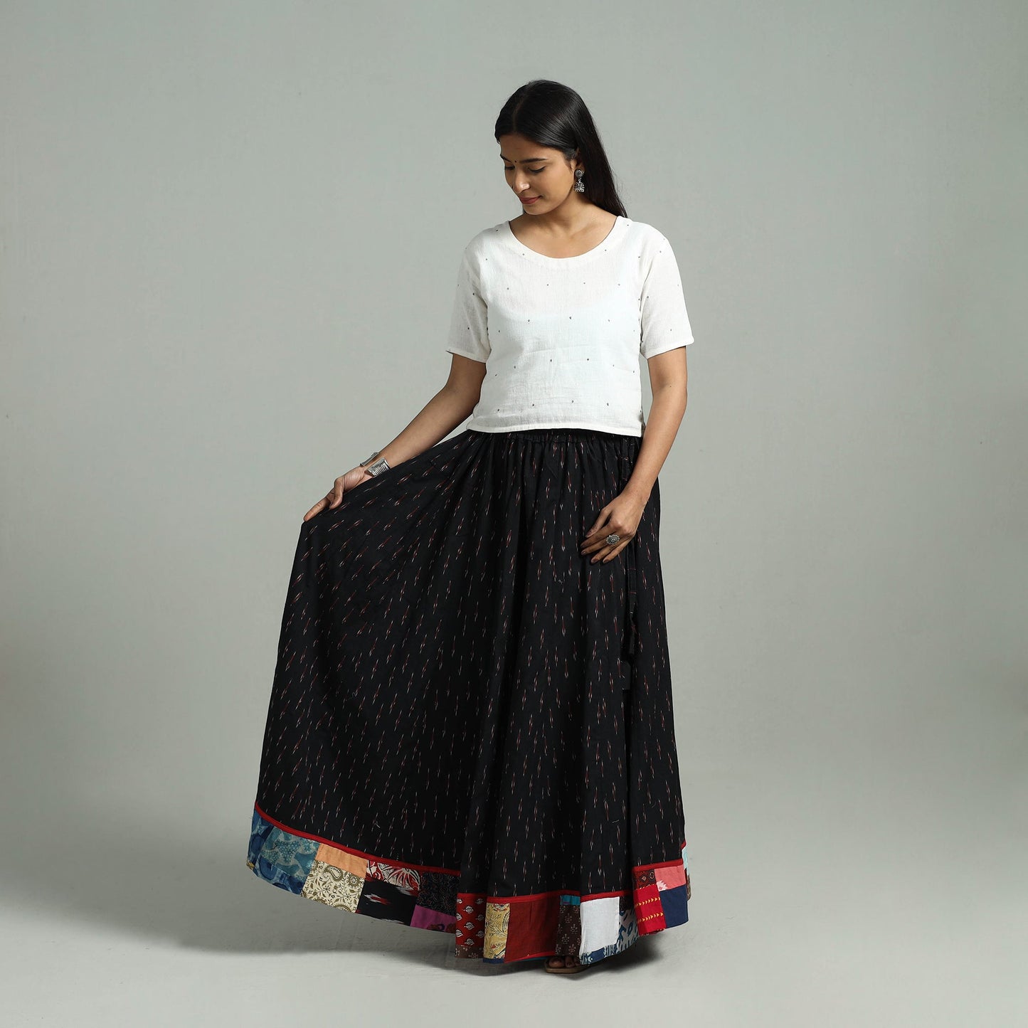 Black - 24 Kali Patchwork Cotton Pochampally Ikat Skirt 39